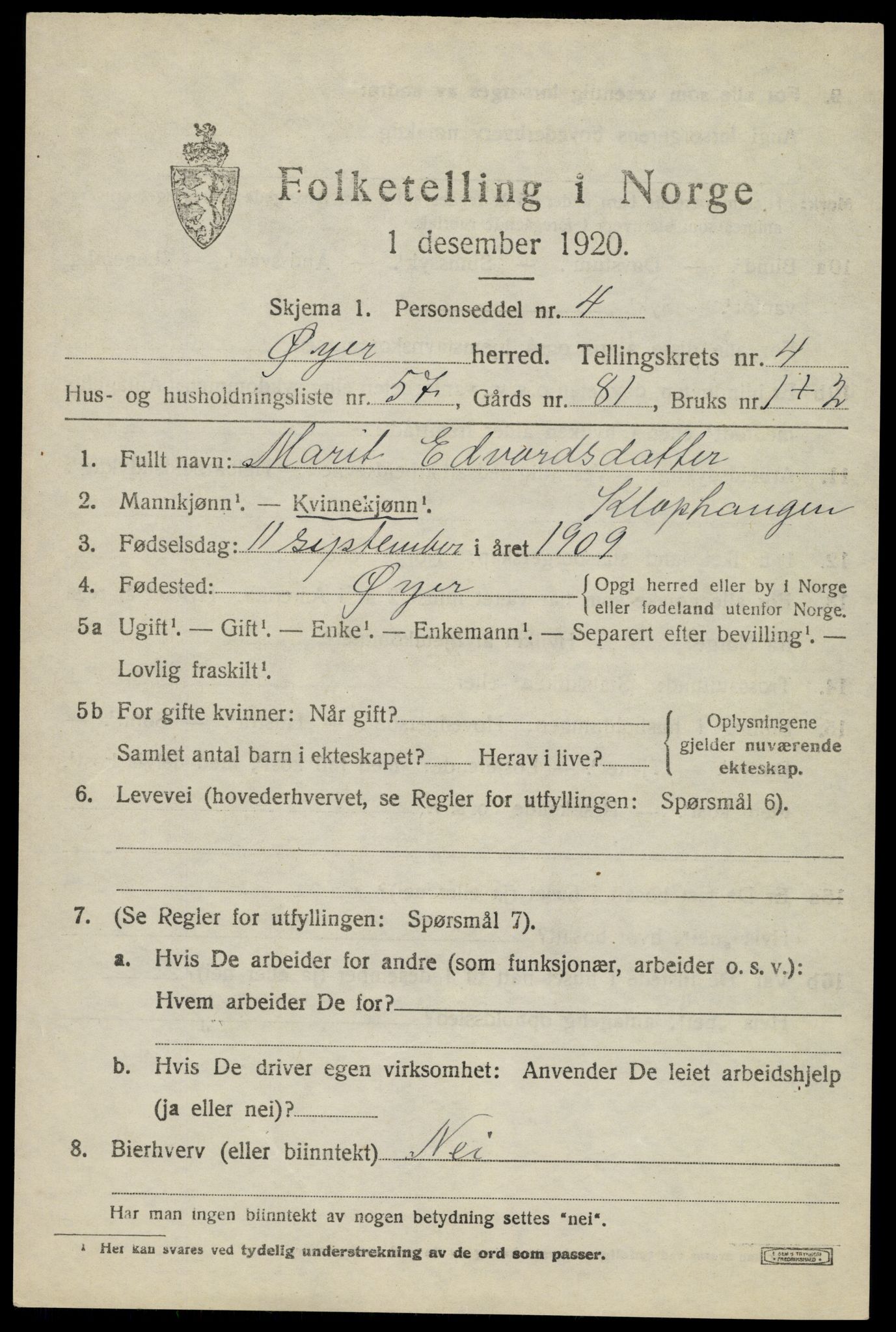 SAH, 1920 census for Øyer, 1920, p. 4465