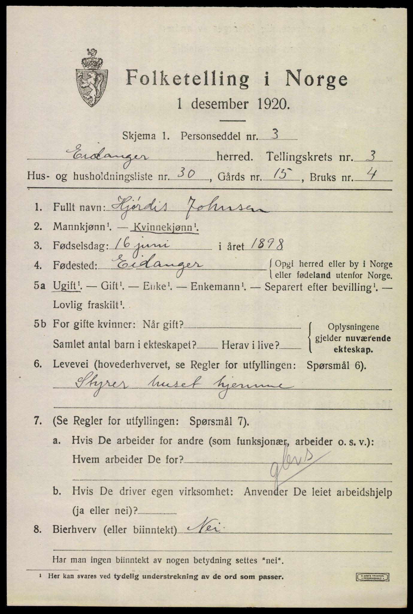 SAKO, 1920 census for Eidanger, 1920, p. 3684