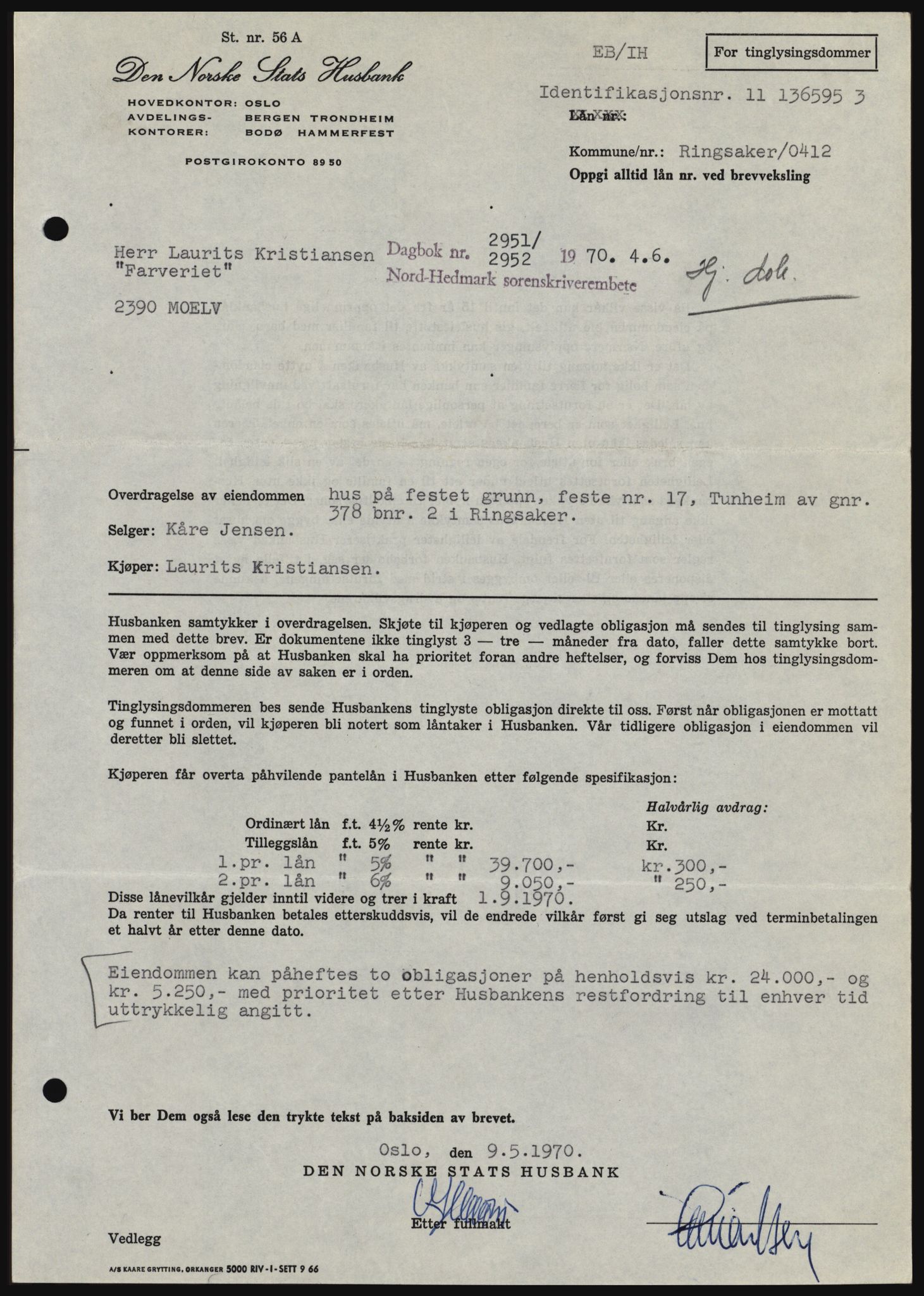 Nord-Hedmark sorenskriveri, SAH/TING-012/H/Hc/L0033: Mortgage book no. 33, 1970-1970, Diary no: : 2951/1970