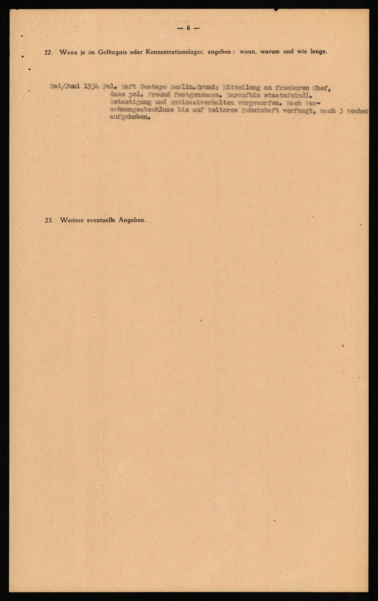 Forsvaret, Forsvarets overkommando II, AV/RA-RAFA-3915/D/Db/L0019: CI Questionaires. Tyske okkupasjonsstyrker i Norge. Tyskere., 1945-1946, p. 8