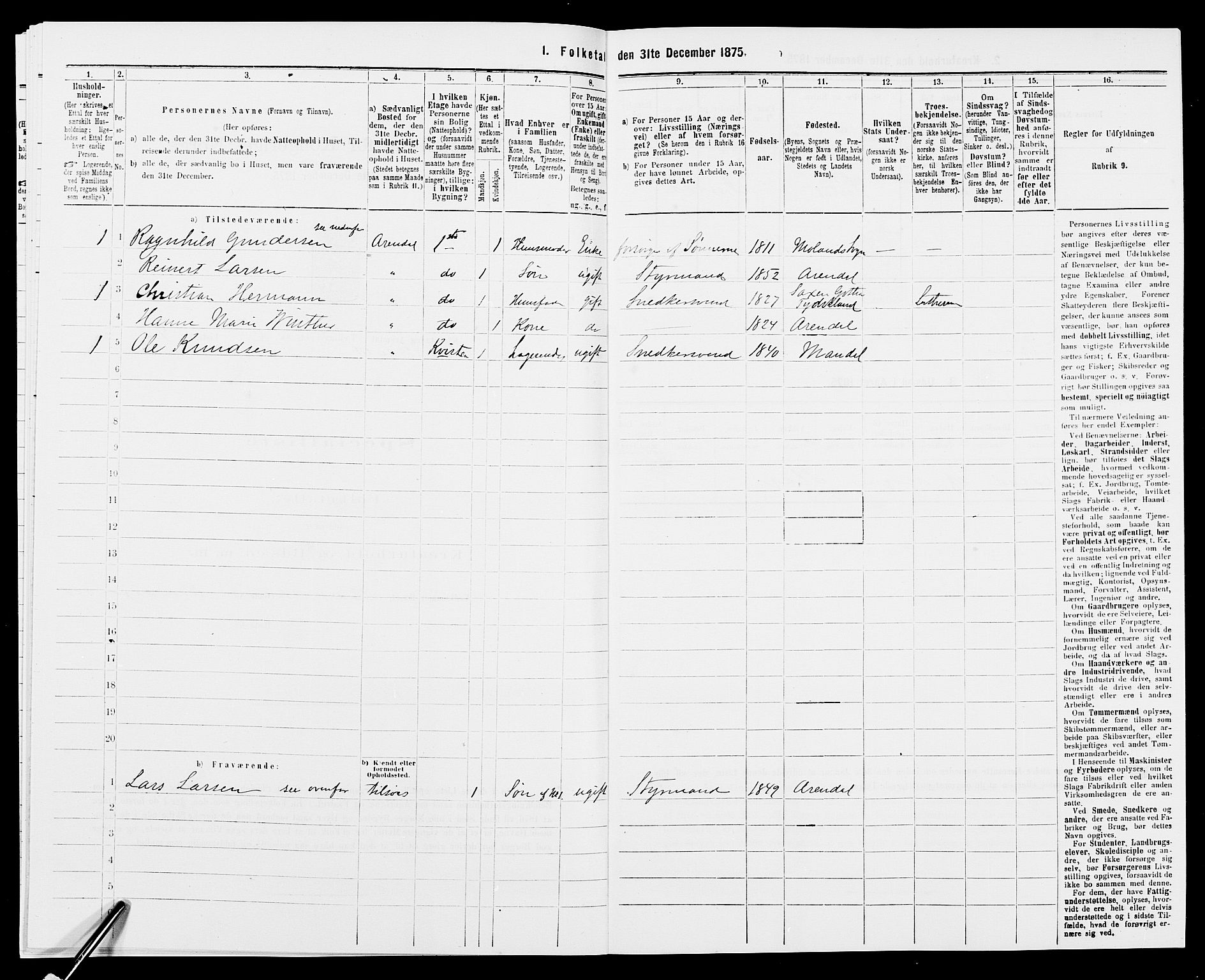 SAK, 1875 census for 0903P Arendal, 1875, p. 122