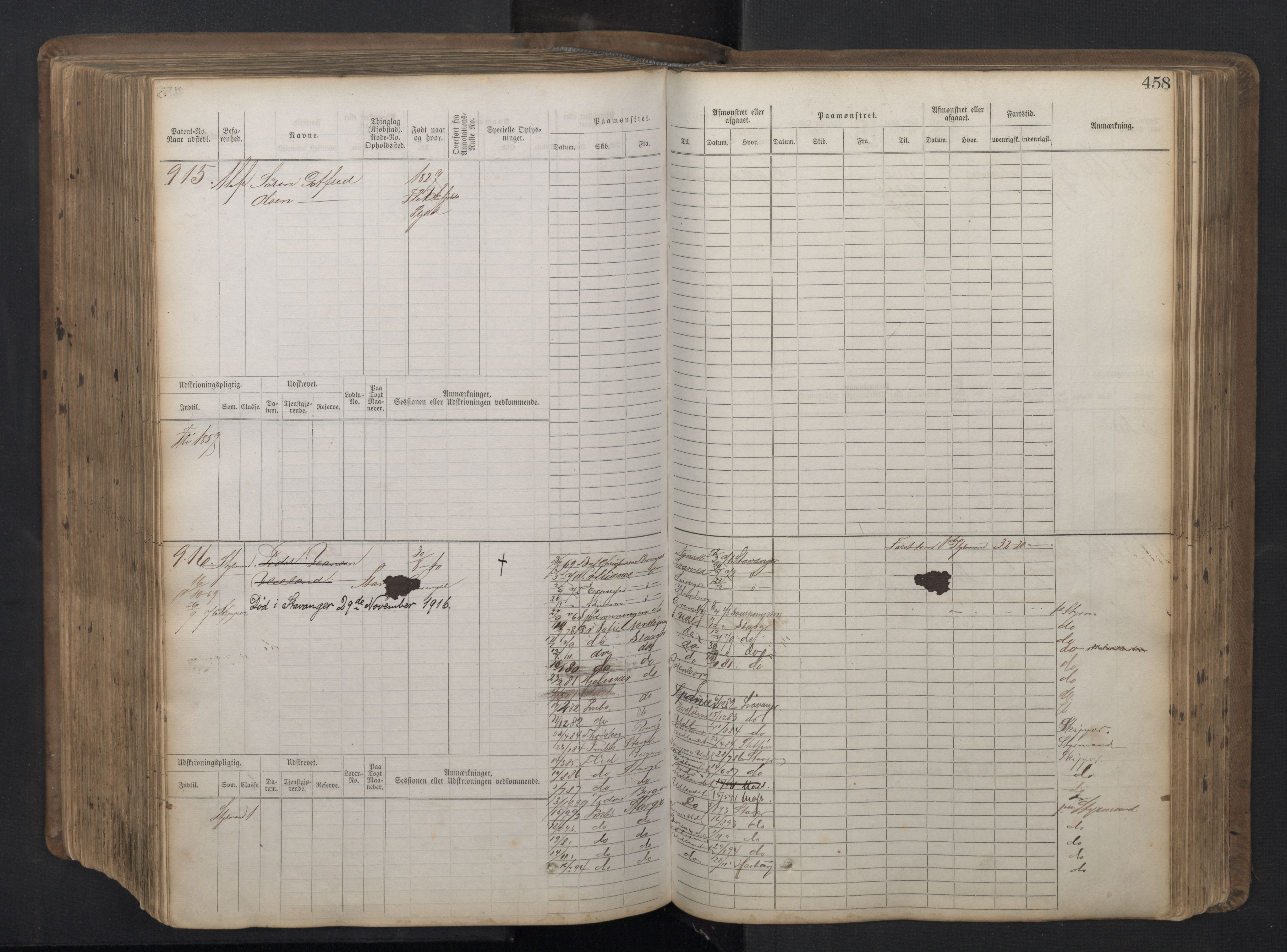 Stavanger sjømannskontor, SAST/A-102006/F/Fb/Fbb/L0016: Sjøfartshovedrulle patnentnr. 1-1202 (dublett), 1869, p. 458