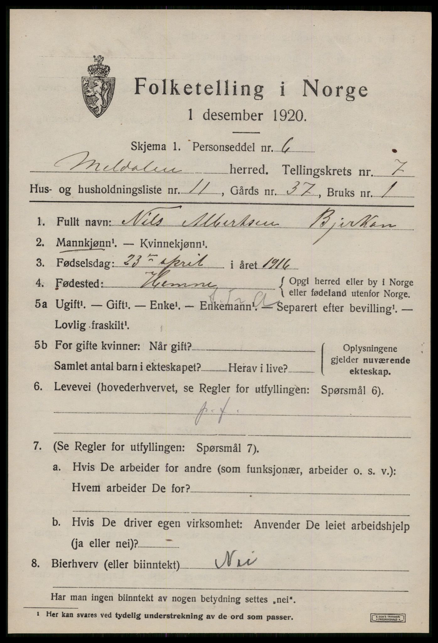 SAT, 1920 census for Meldal, 1920, p. 7389