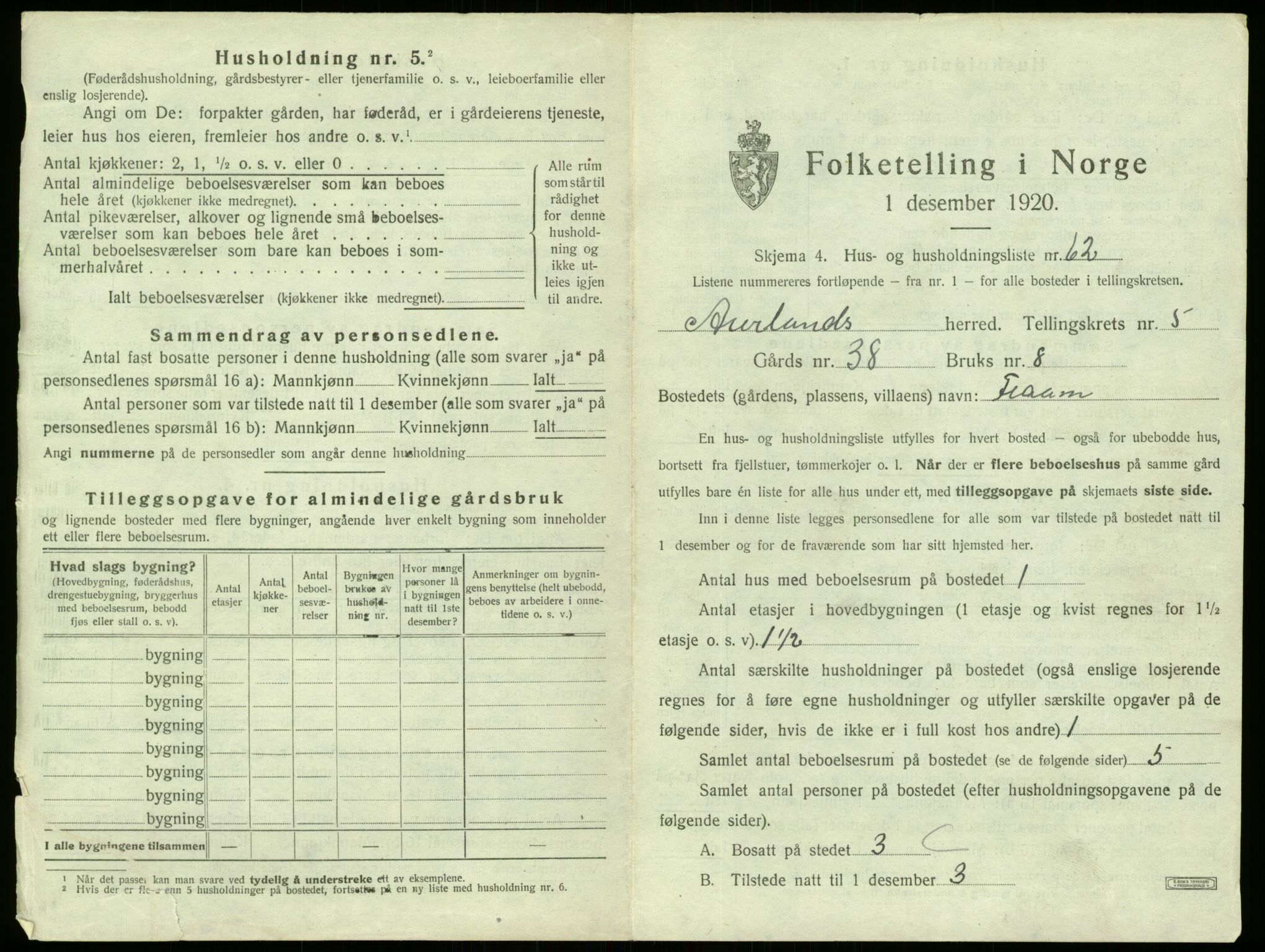 SAB, 1920 census for Aurland, 1920, p. 525