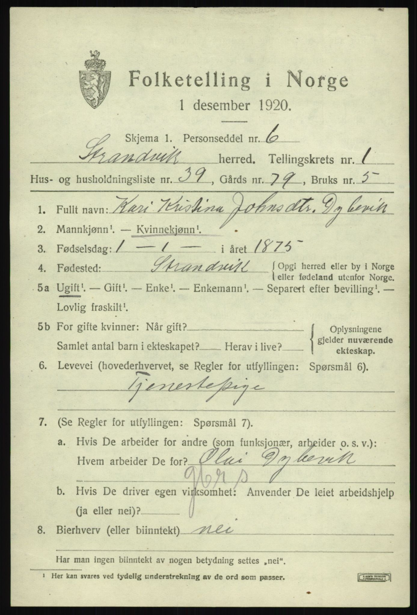 SAB, 1920 census for Strandvik, 1920, p. 1232