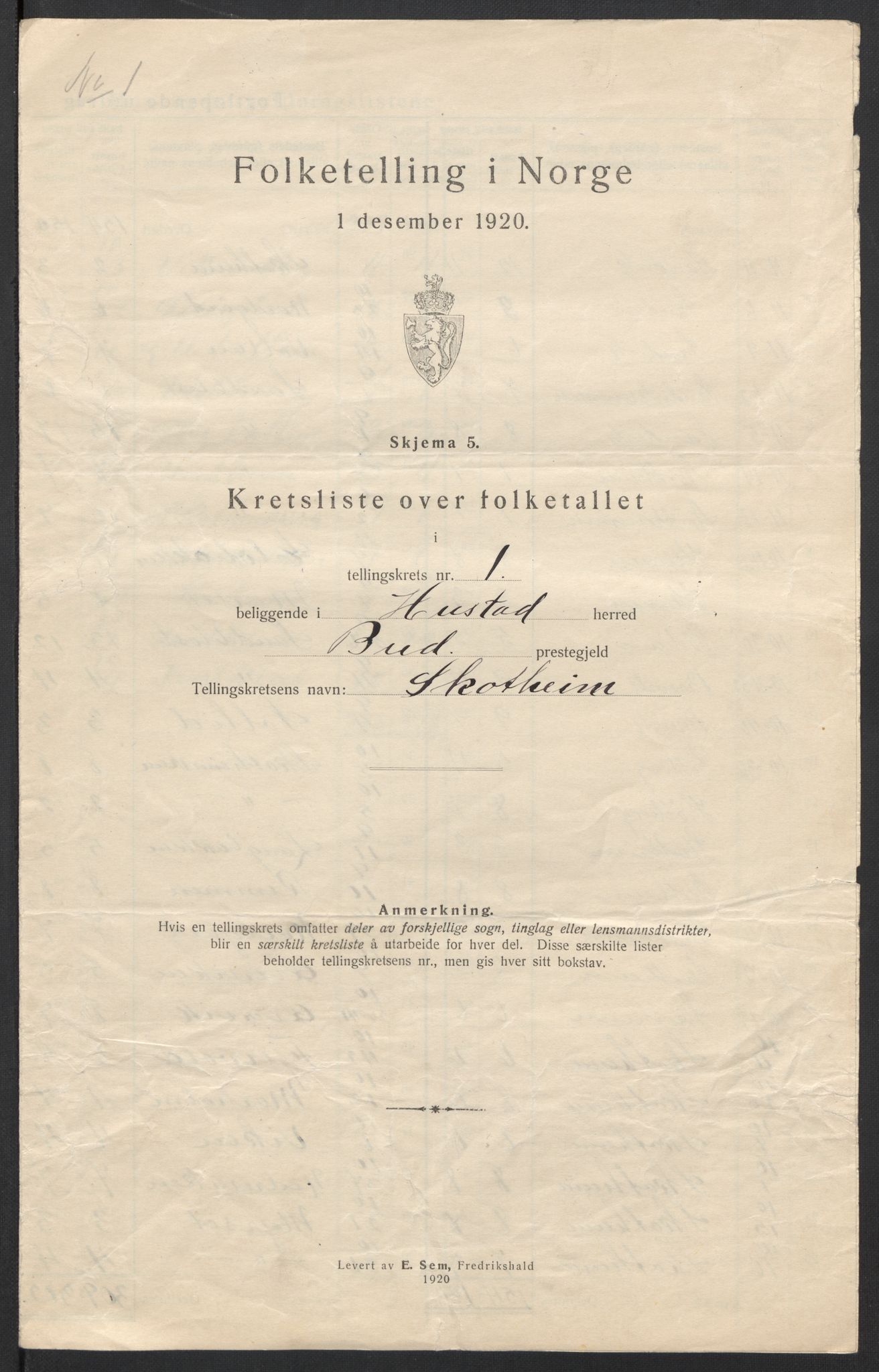 SAT, 1920 census for Hustad, 1920, p. 6
