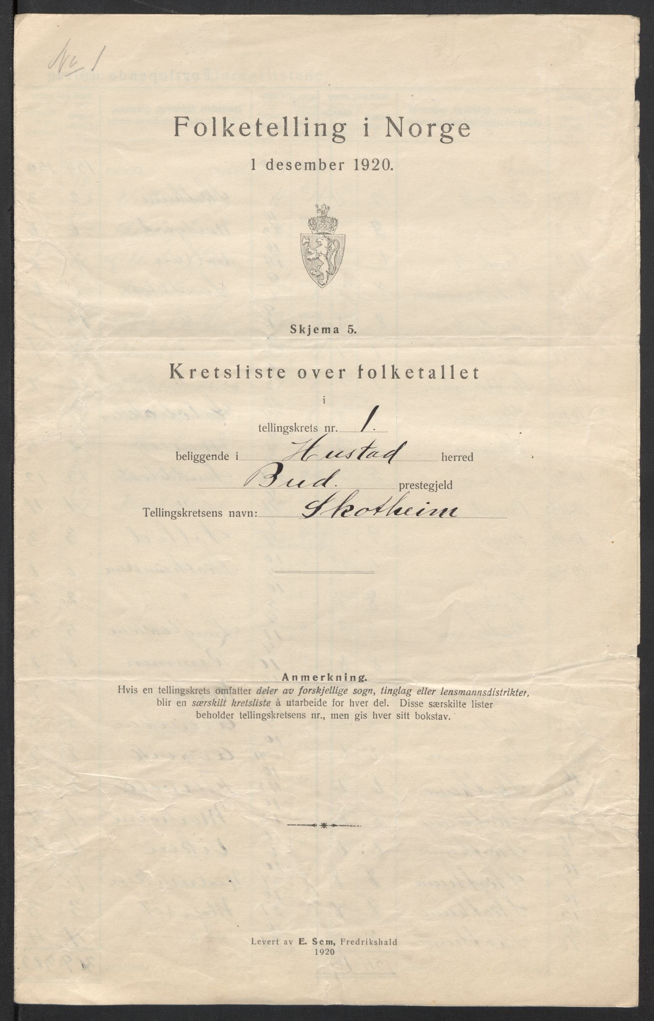 SAT, 1920 census for Hustad, 1920, p. 6