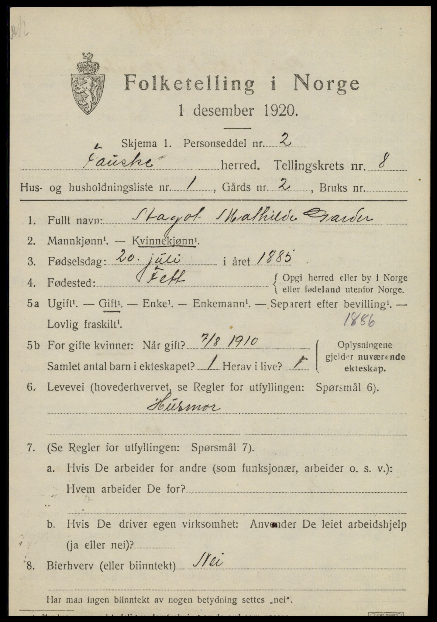 SAT, 1920 census for Fauske, 1920, p. 6068