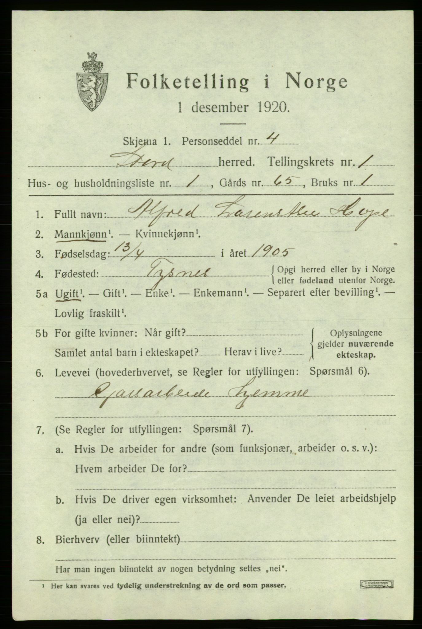 SAB, 1920 census for Stord, 1920, p. 1237