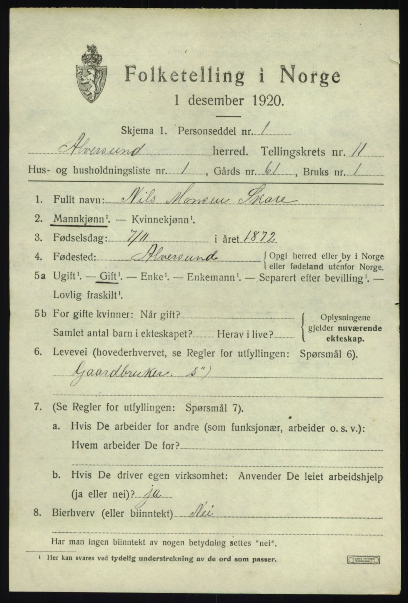 SAB, 1920 census for Alversund, 1920, p. 6680