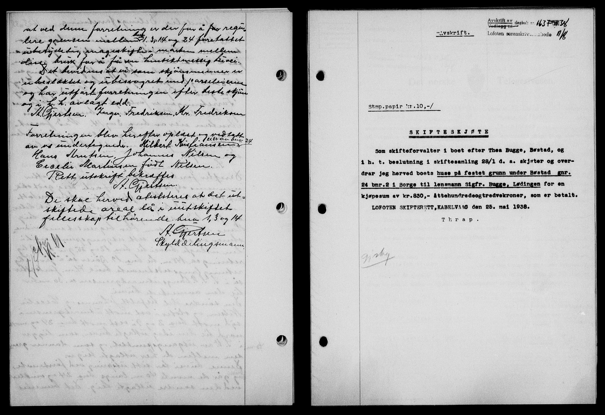 Lofoten sorenskriveri, SAT/A-0017/1/2/2C/L0004a: Mortgage book no. 4a, 1938-1938, Diary no: : 1637/1938