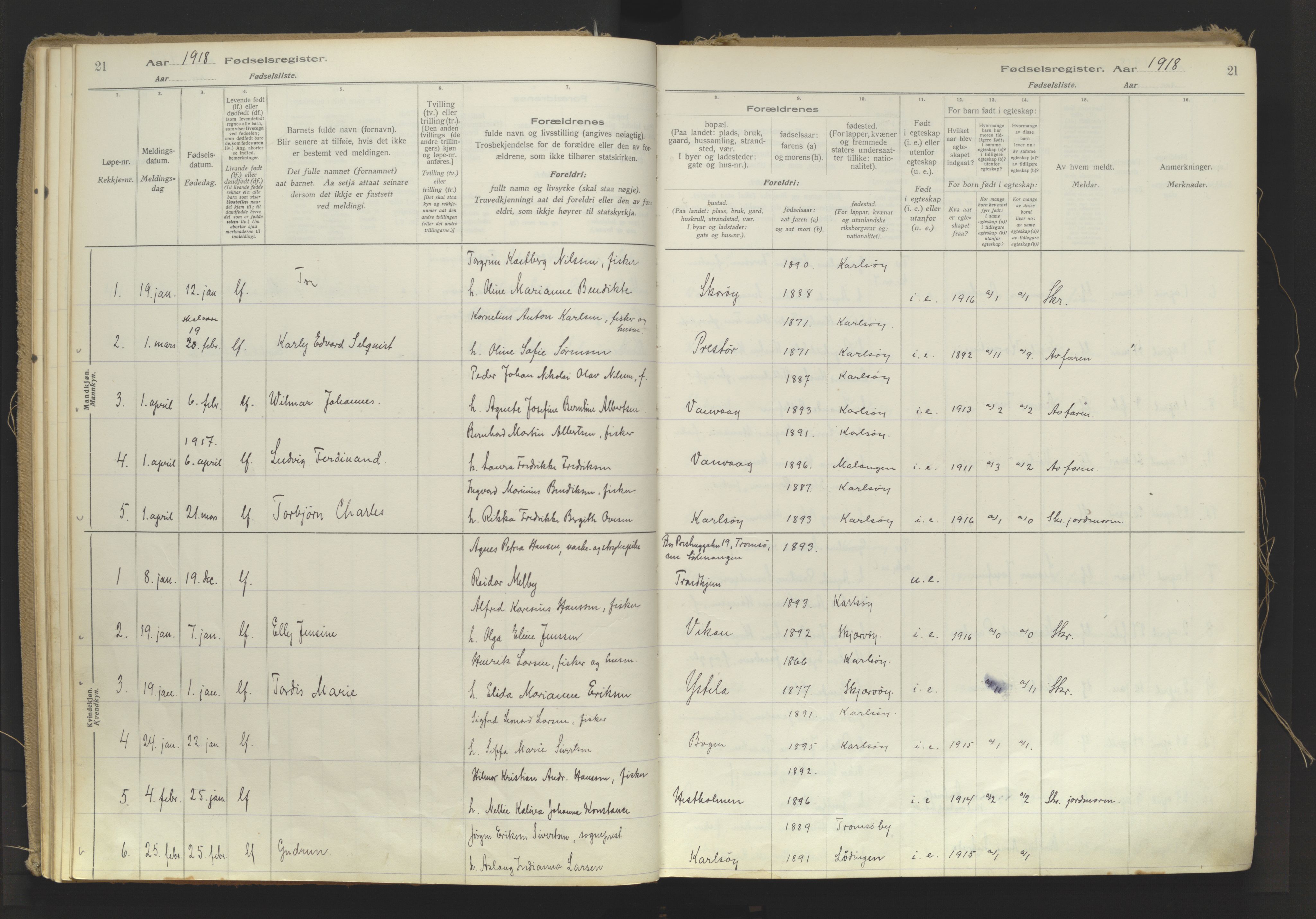 Karlsøy sokneprestembete, AV/SATØ-S-1299/I/Ic/L0064: Birth register no. 64, 1916-1943, p. 21