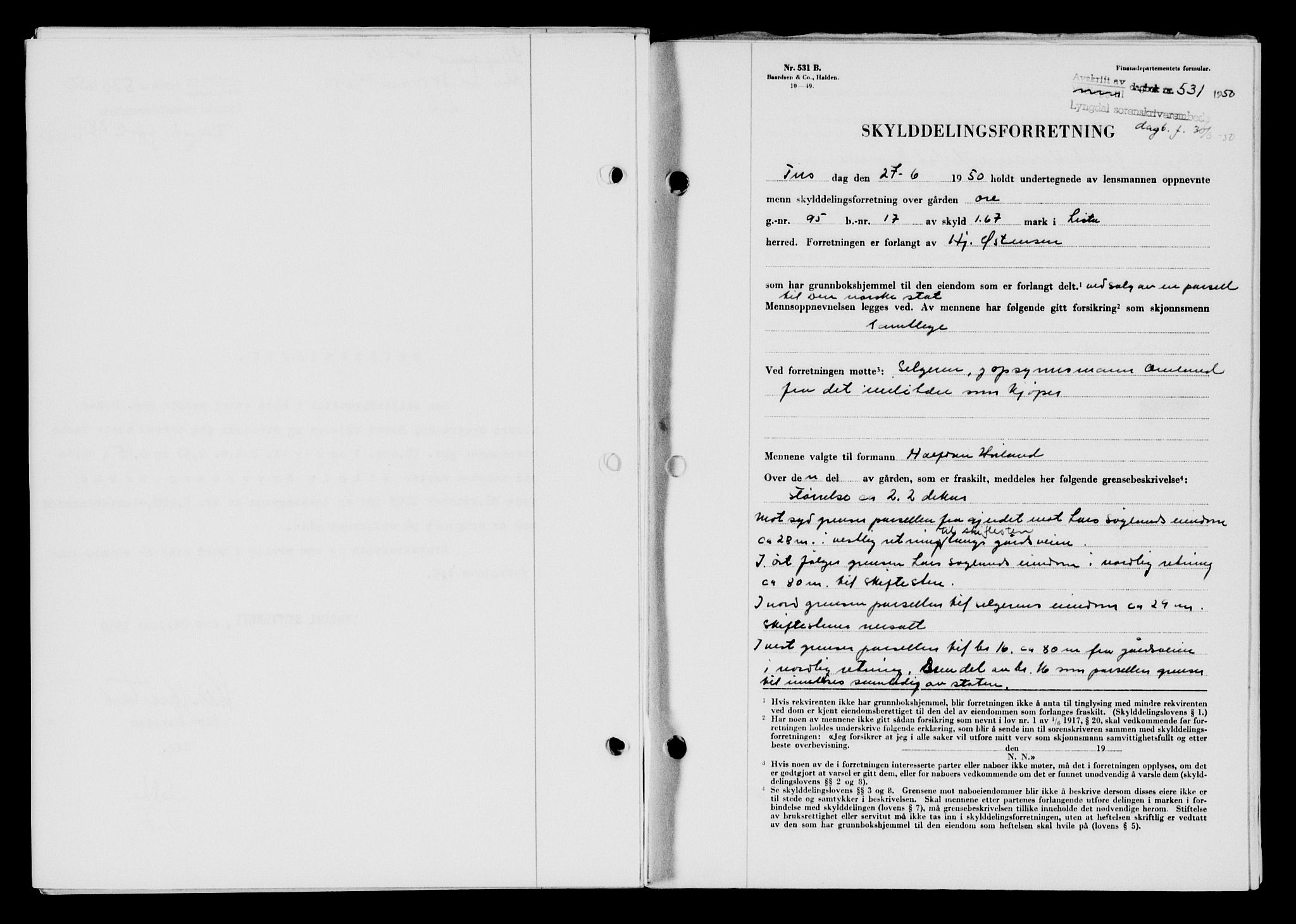 Lyngdal sorenskriveri, AV/SAK-1221-0004/G/Gb/L0665: Mortgage book no. A XI, 1950-1950, Diary no: : 531/1950