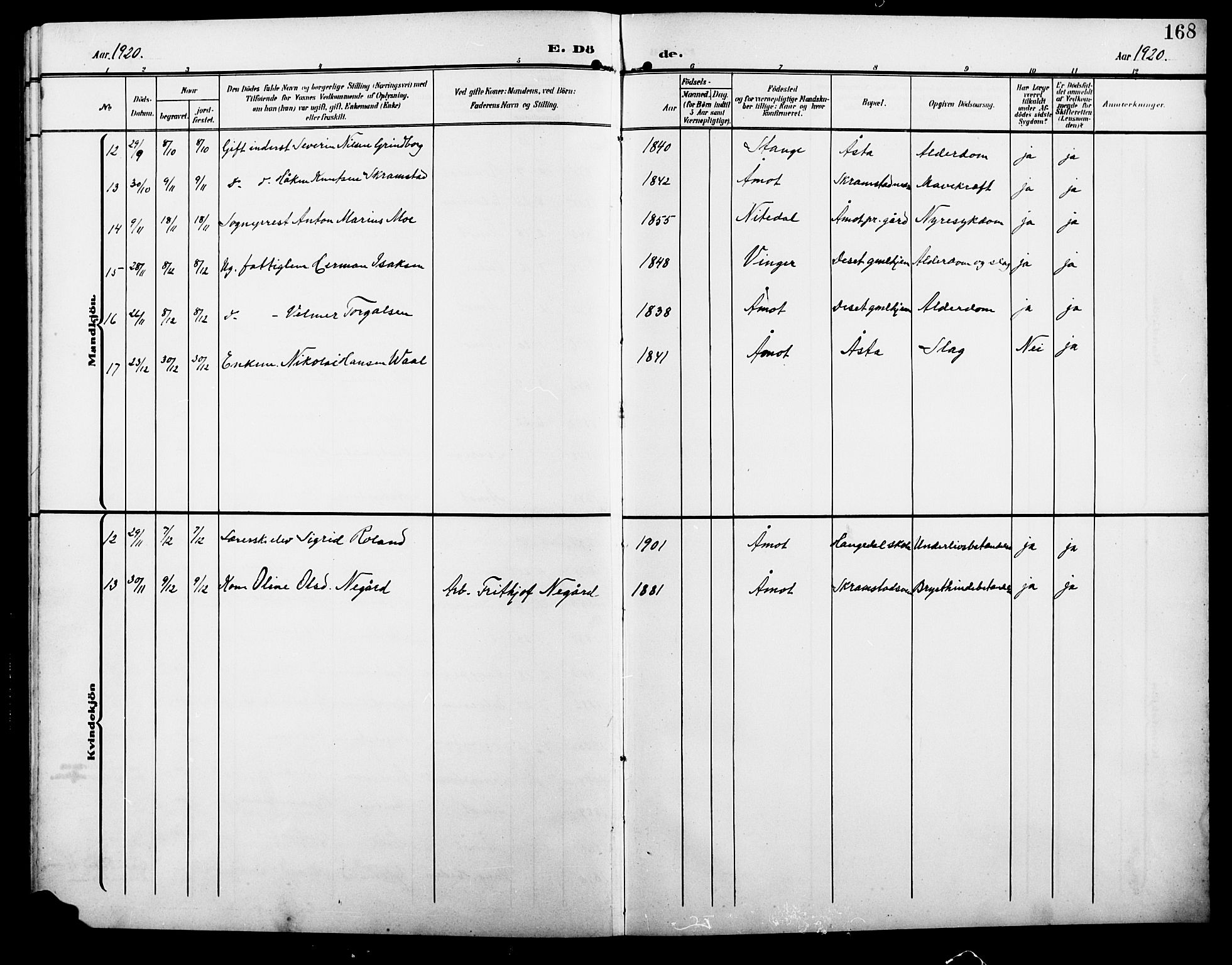 Åmot prestekontor, Hedmark, AV/SAH-PREST-056/H/Ha/Hab/L0004: Parish register (copy) no. 4, 1905-1920, p. 168