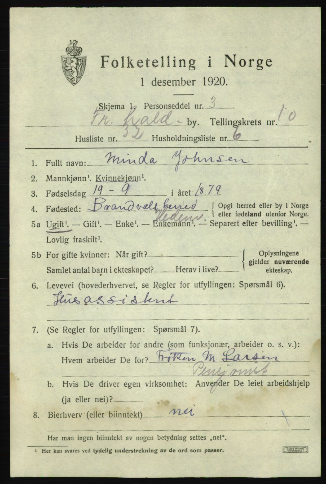 SAO, 1920 census for Fredrikshald, 1920, p. 18461