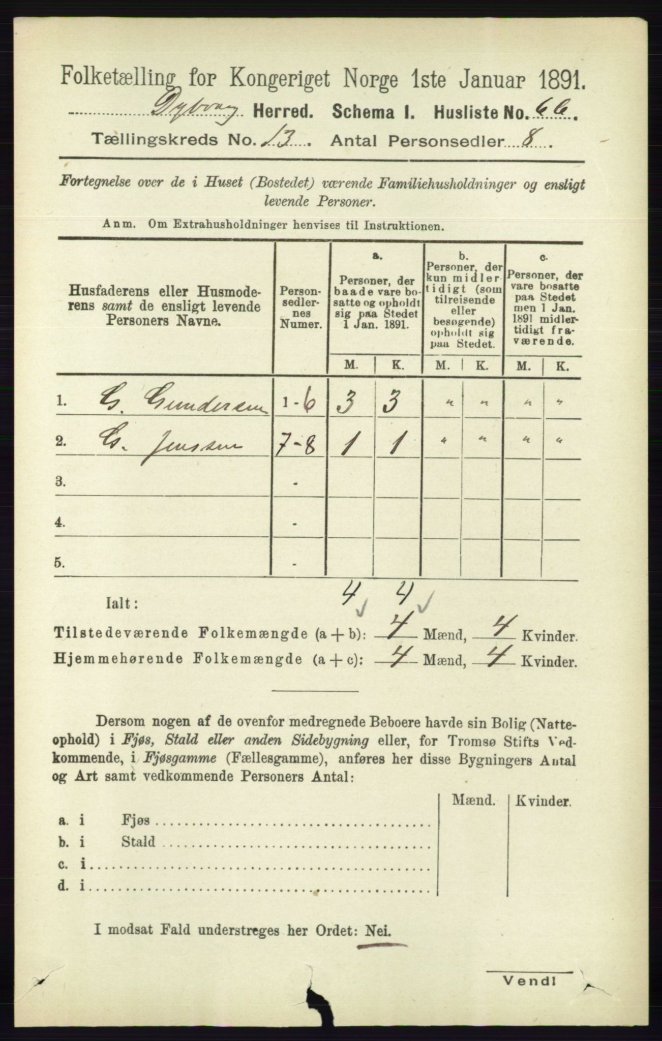 RA, 1891 census for 0915 Dypvåg, 1891, p. 5292