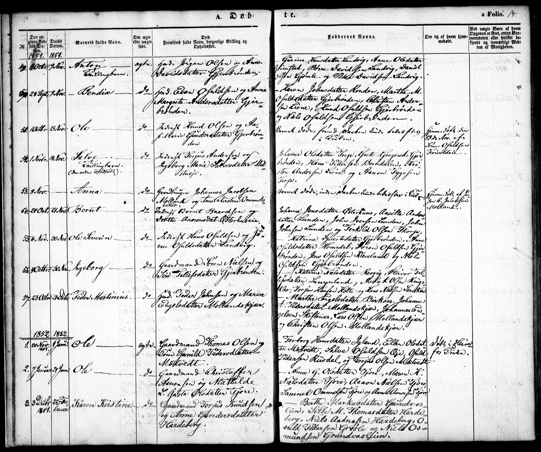 Hommedal sokneprestkontor, AV/SAK-1111-0023/F/Fa/Fab/L0004: Parish register (official) no. A 4, 1848-1860, p. 14