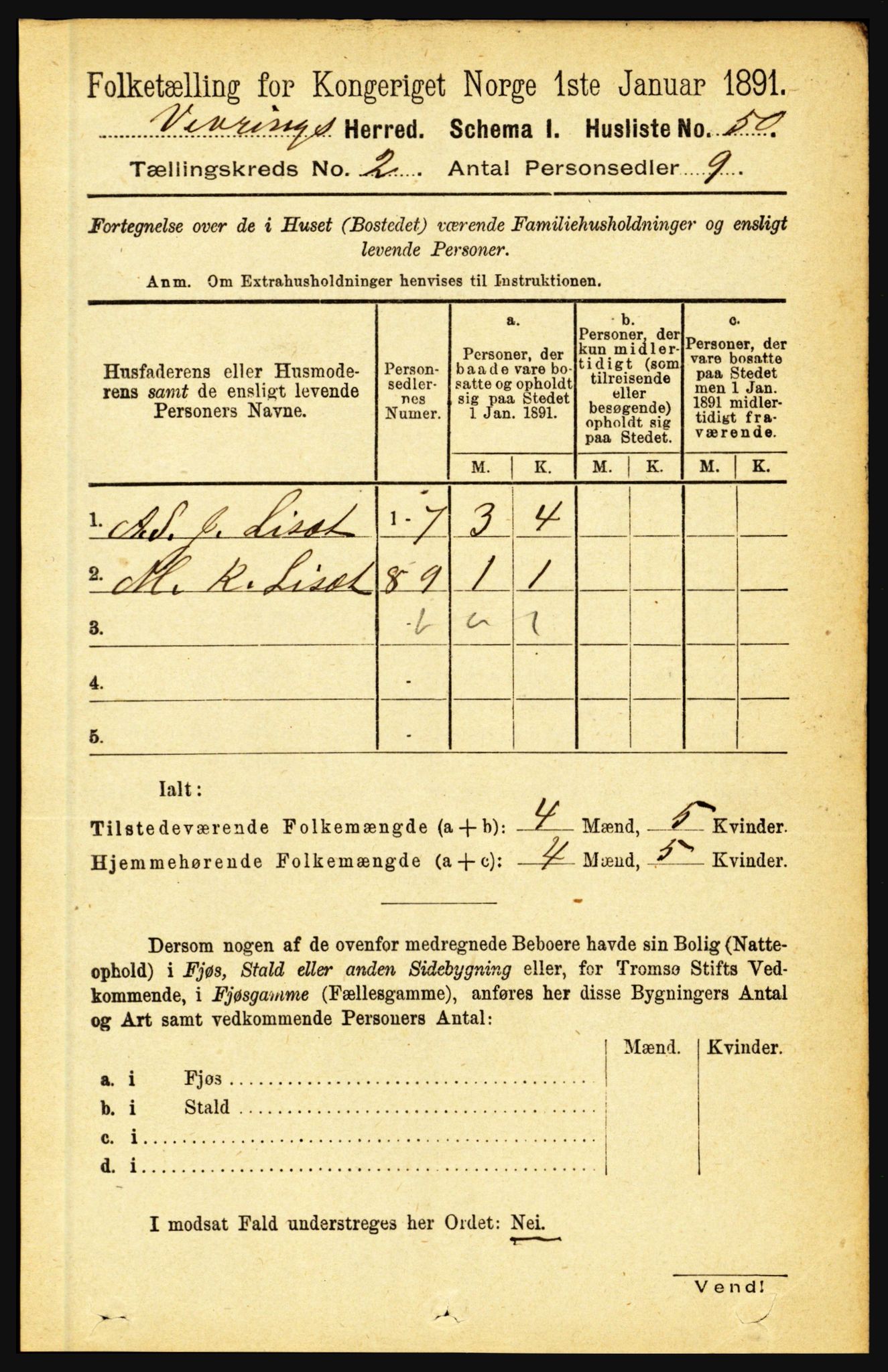 RA, 1891 census for 1434 Vevring, 1891, p. 420