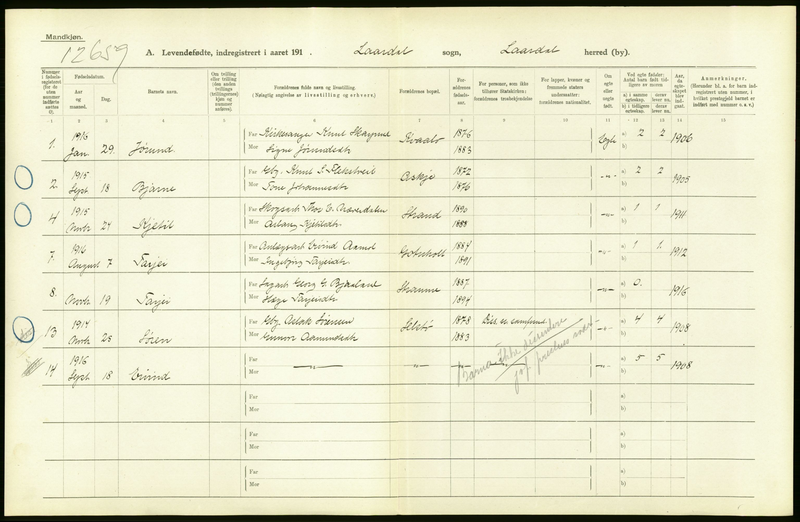 Statistisk sentralbyrå, Sosiodemografiske emner, Befolkning, AV/RA-S-2228/D/Df/Dfb/Dfbf/L0022: Bratsberg amt: Levendefødte menn og kvinner. Bygder., 1916, p. 16