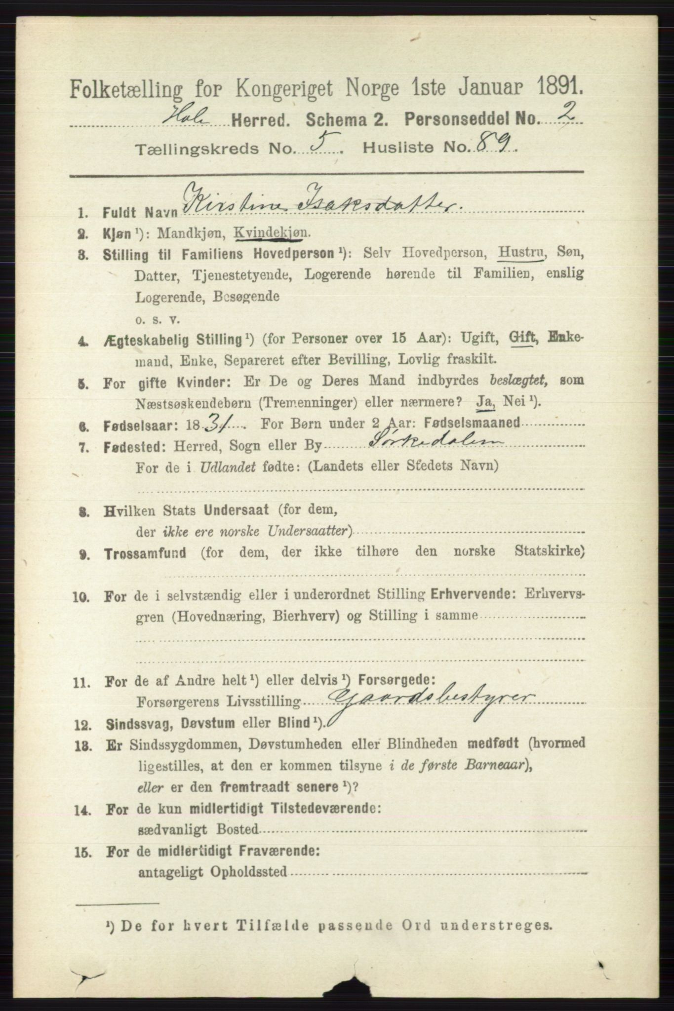 RA, 1891 census for 0612 Hole, 1891, p. 2956