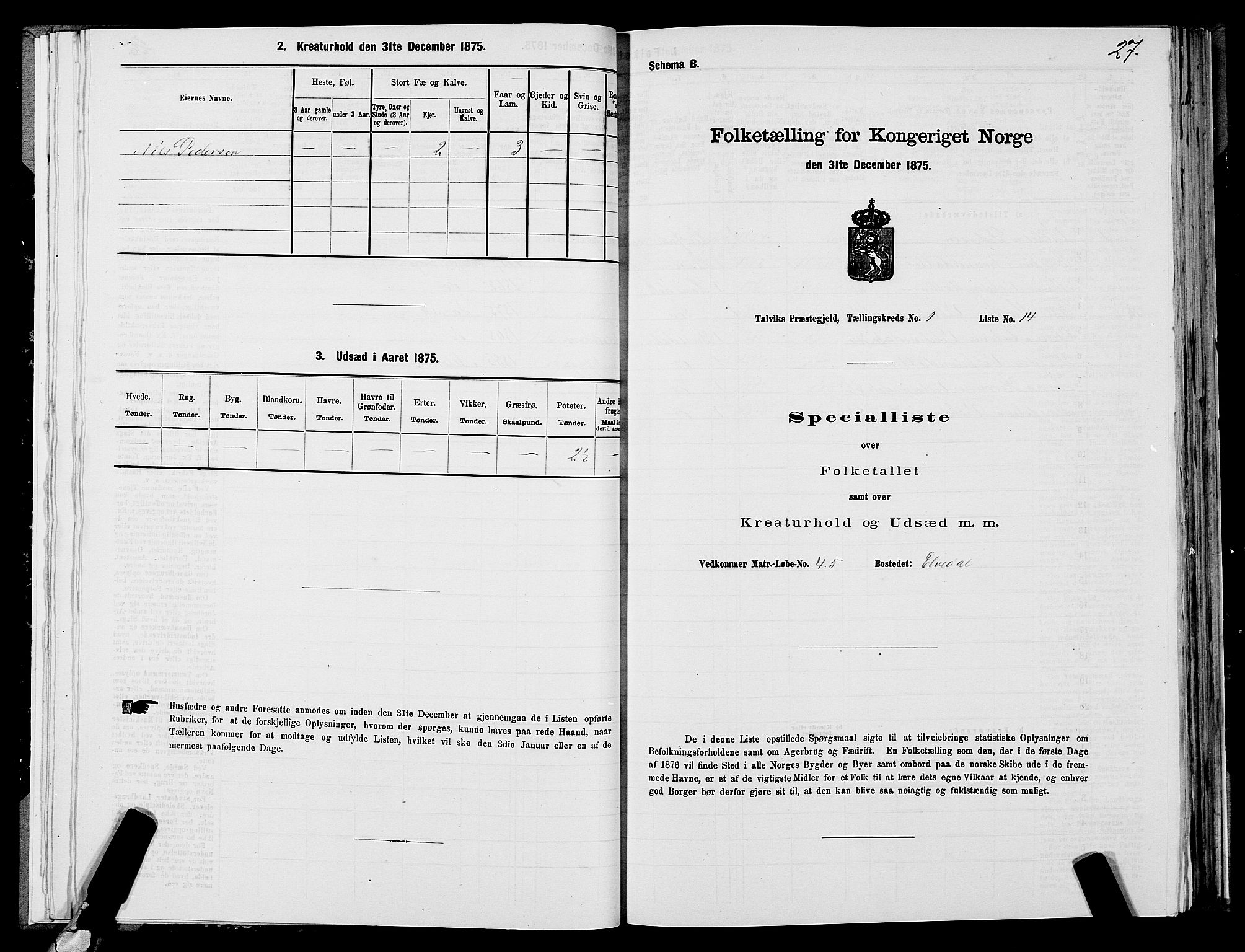 SATØ, 1875 census for 2013P Talvik, 1875, p. 1027