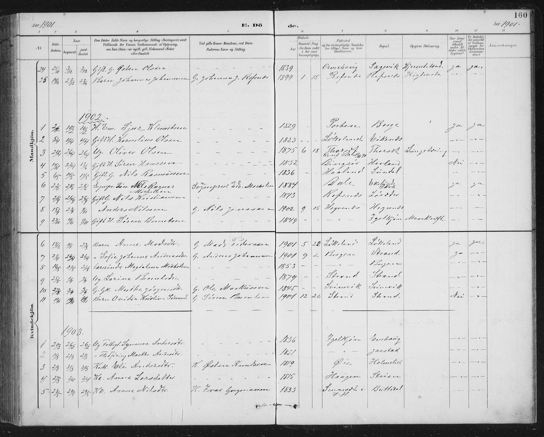 Fjaler sokneprestembete, SAB/A-79801/H/Hab/Habc/L0003: Parish register (copy) no. C 3, 1894-1917, p. 160