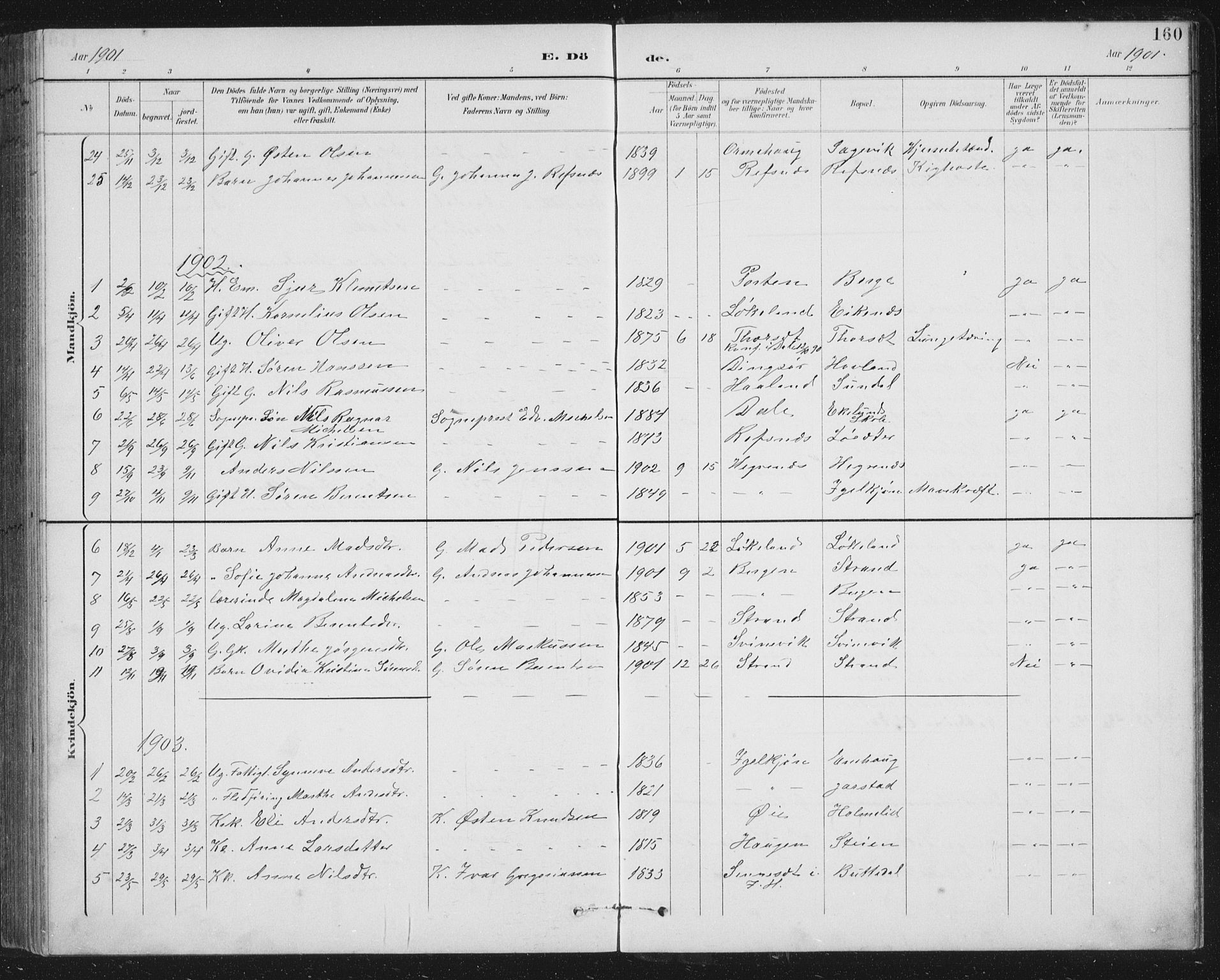 Fjaler sokneprestembete, AV/SAB-A-79801/H/Hab/Habc/L0003: Parish register (copy) no. C 3, 1894-1917, p. 160