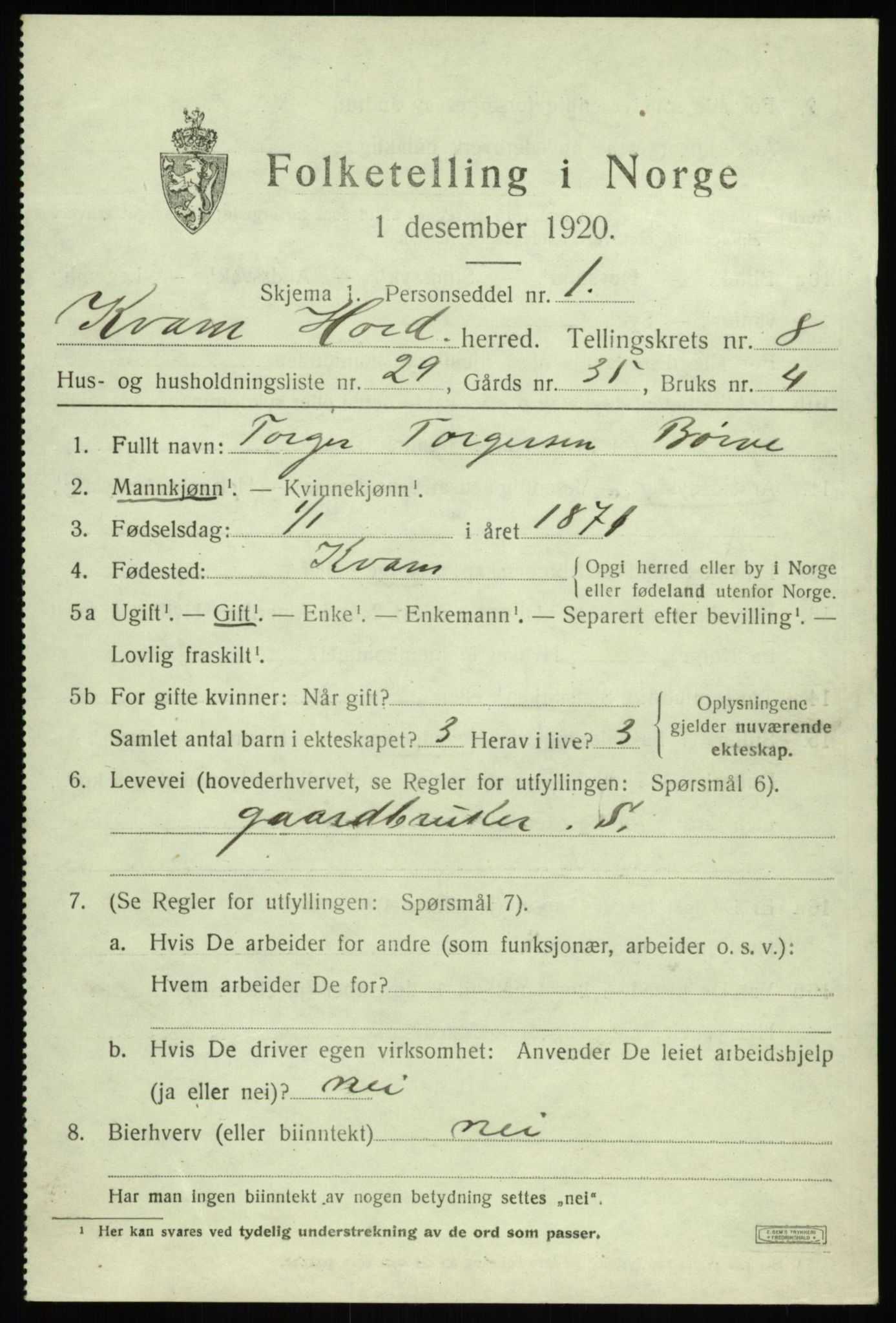 SAB, 1920 census for Kvam, 1920, p. 5411