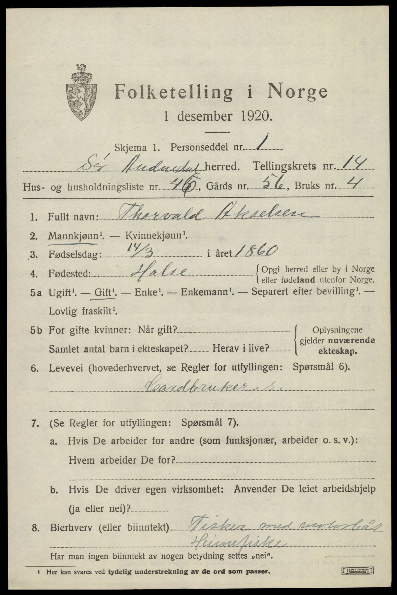SAK, 1920 census for Sør-Audnedal, 1920, p. 5603