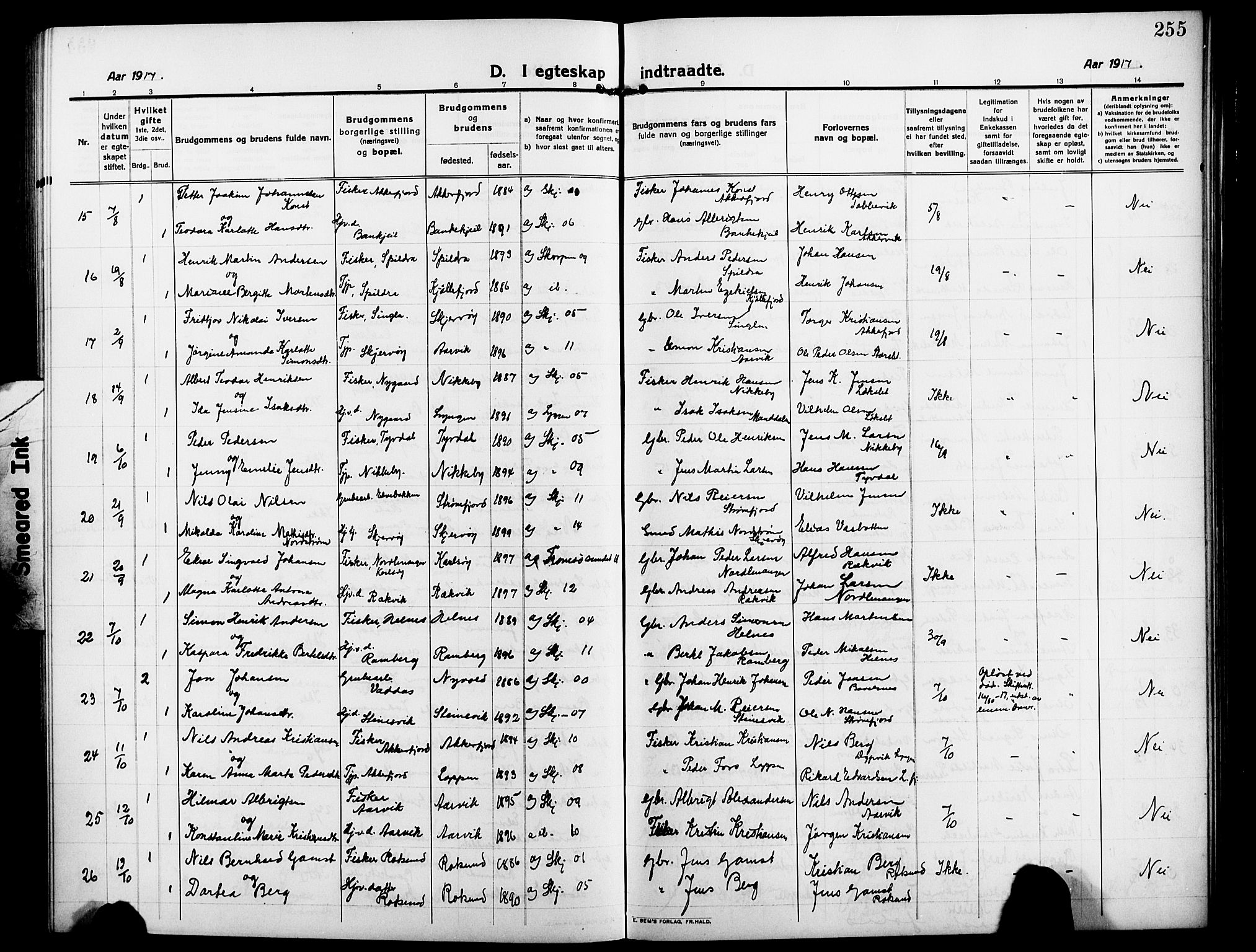 Skjervøy sokneprestkontor, AV/SATØ-S-1300/H/Ha/Hab/L0009klokker: Parish register (copy) no. 9, 1911-1926, p. 255