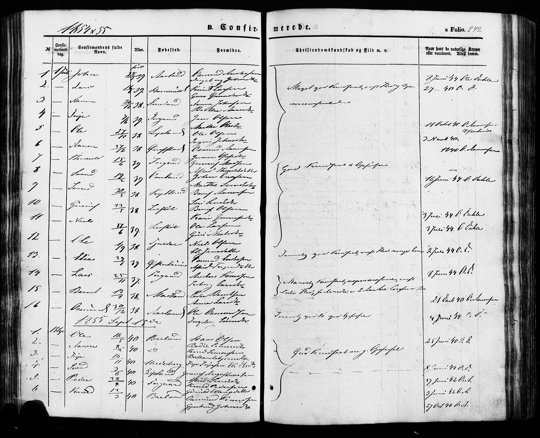 Åseral sokneprestkontor, SAK/1111-0051/F/Fa/L0002: Parish register (official) no. A 2, 1854-1884, p. 242