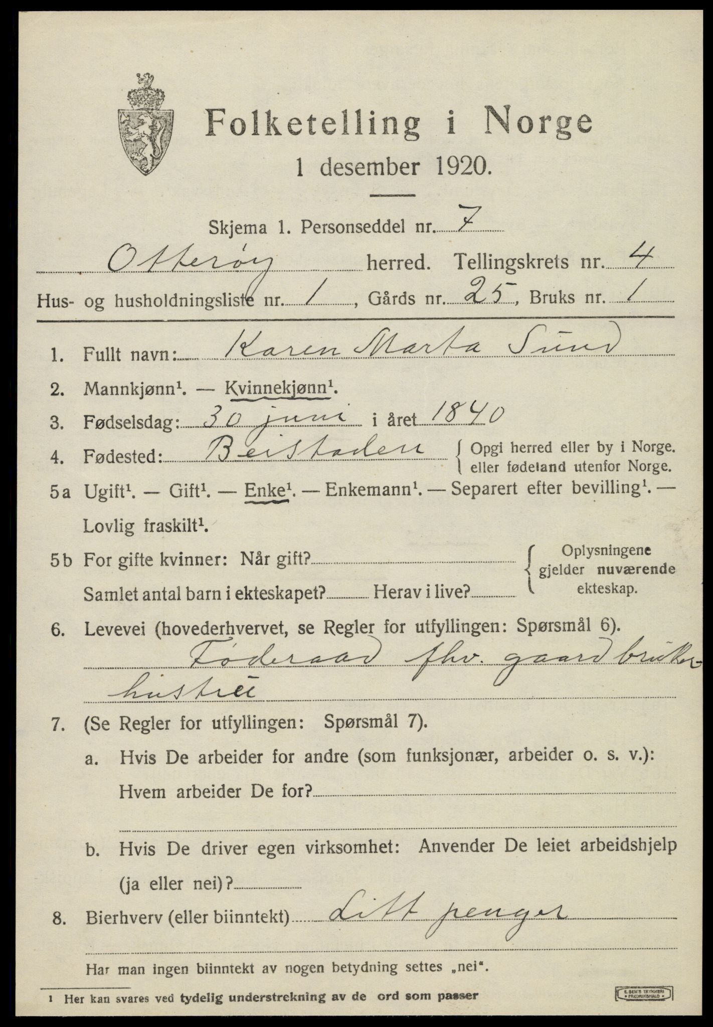 SAT, 1920 census for Otterøy, 1920, p. 1769