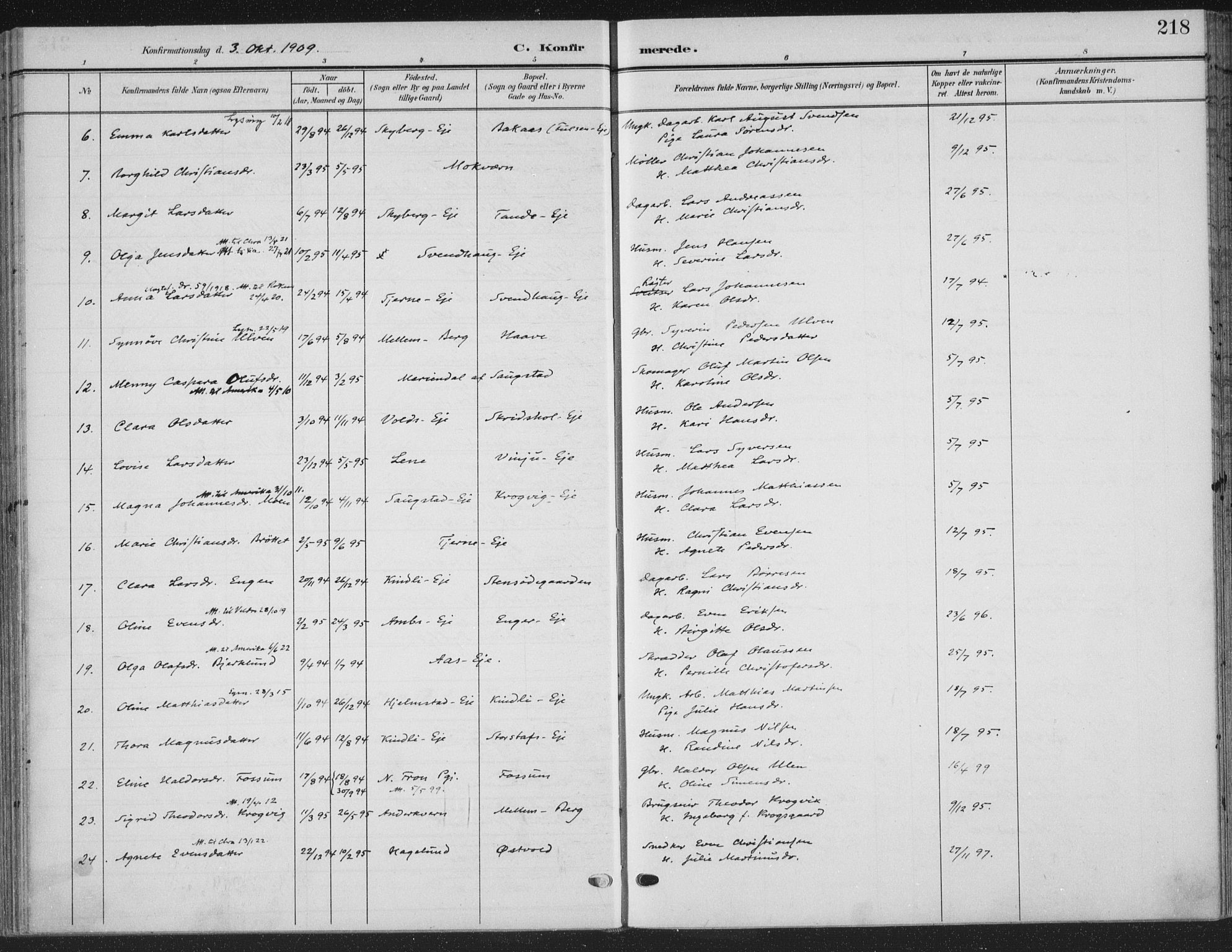 Ringsaker prestekontor, AV/SAH-PREST-014/K/Ka/L0018: Parish register (official) no. 18, 1903-1912, p. 218