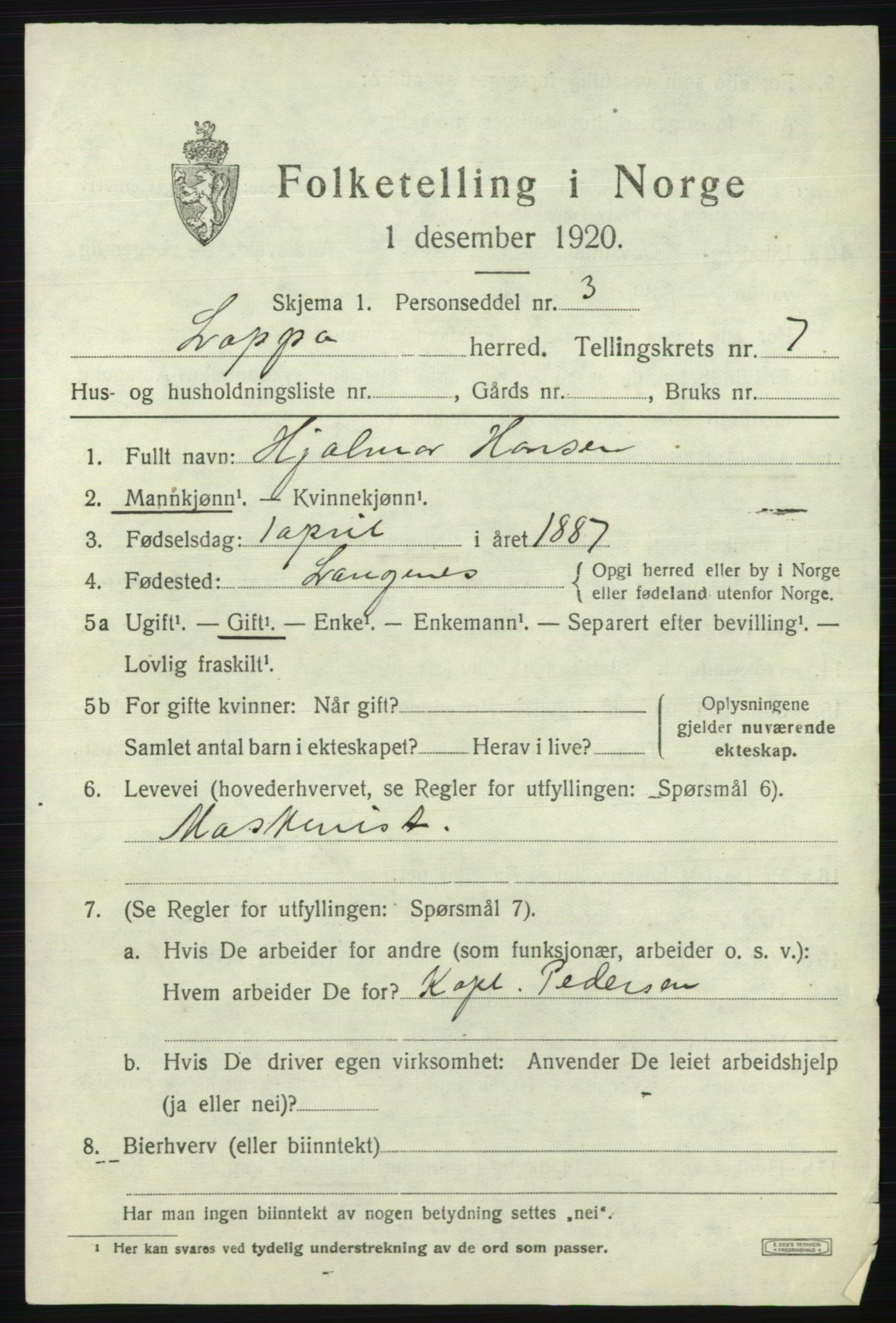 SATØ, 1920 census for Loppa, 1920, p. 3682