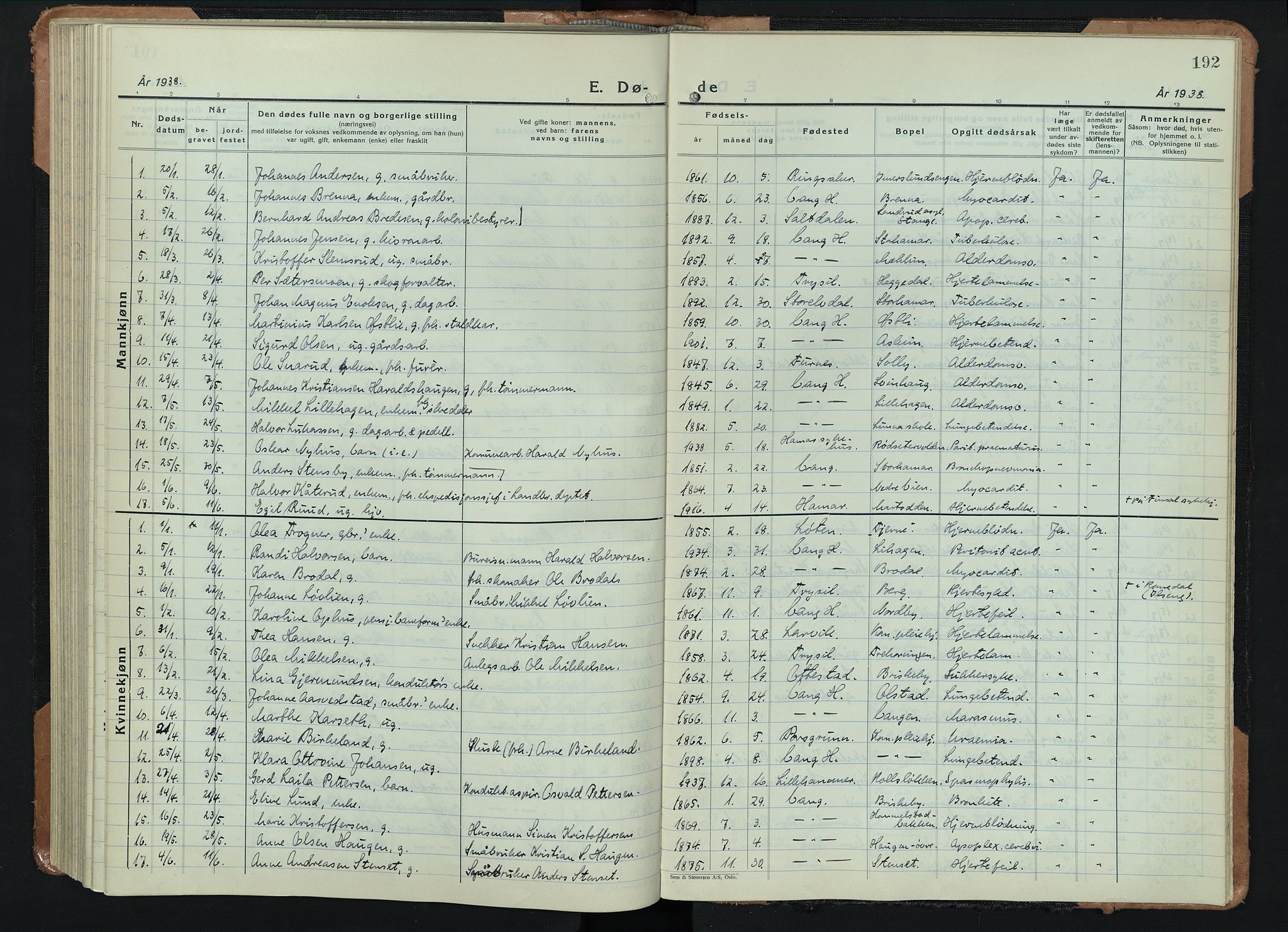 Vang prestekontor, Hedmark, SAH/PREST-008/H/Ha/Hab/L0016: Parish register (copy) no. 16, 1933-1945, p. 192