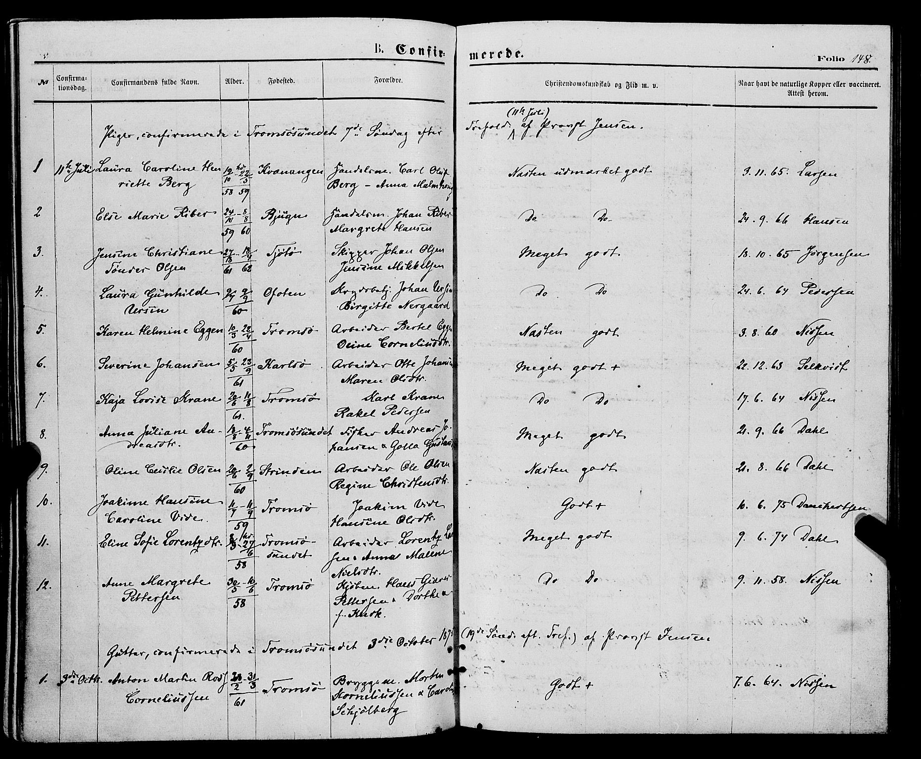 Tromsø sokneprestkontor/stiftsprosti/domprosti, SATØ/S-1343/G/Ga/L0013kirke: Parish register (official) no. 13, 1872-1877, p. 148