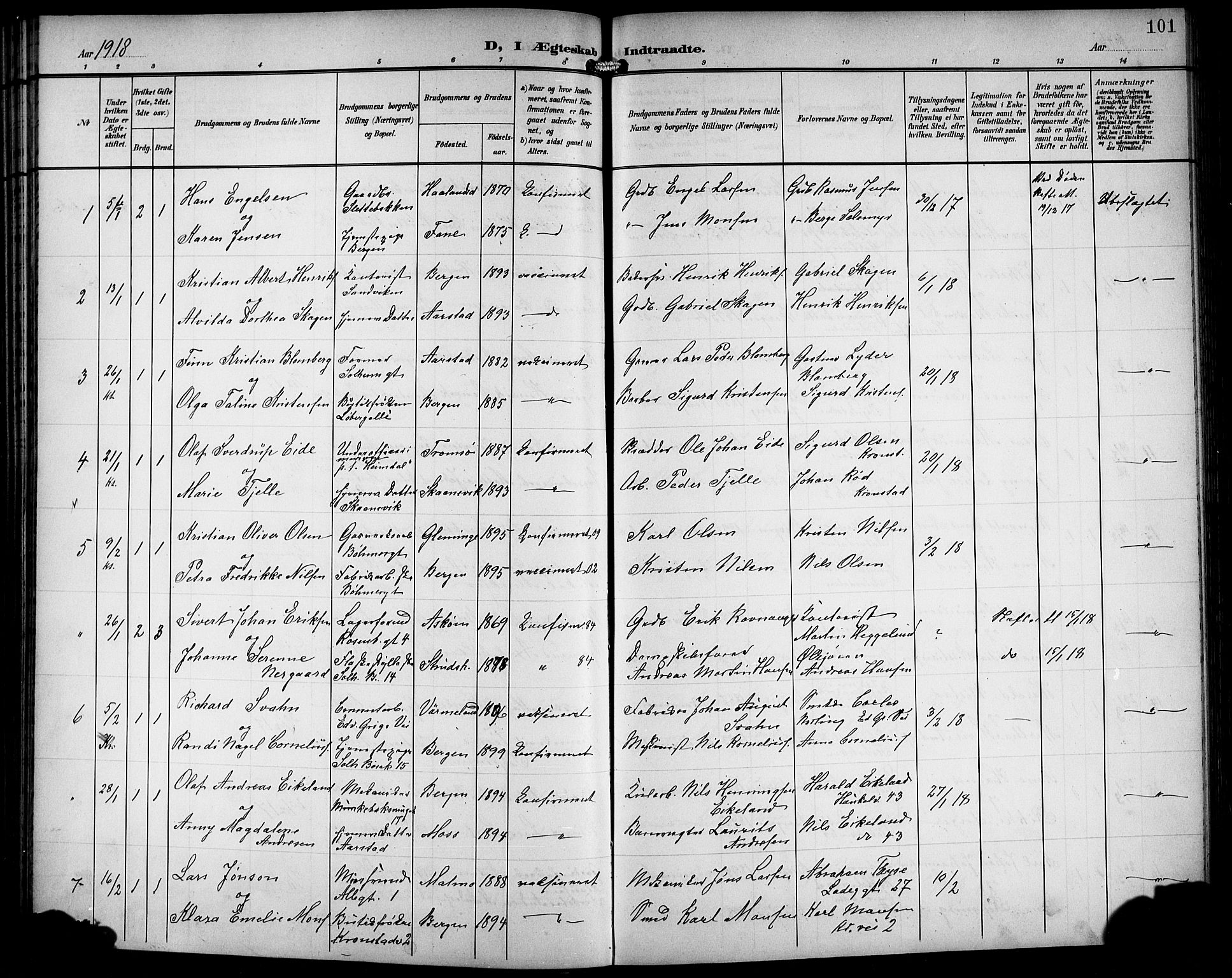 Årstad Sokneprestembete, AV/SAB-A-79301/H/Hab/L0018: Parish register (copy) no. C 1, 1902-1919, p. 101