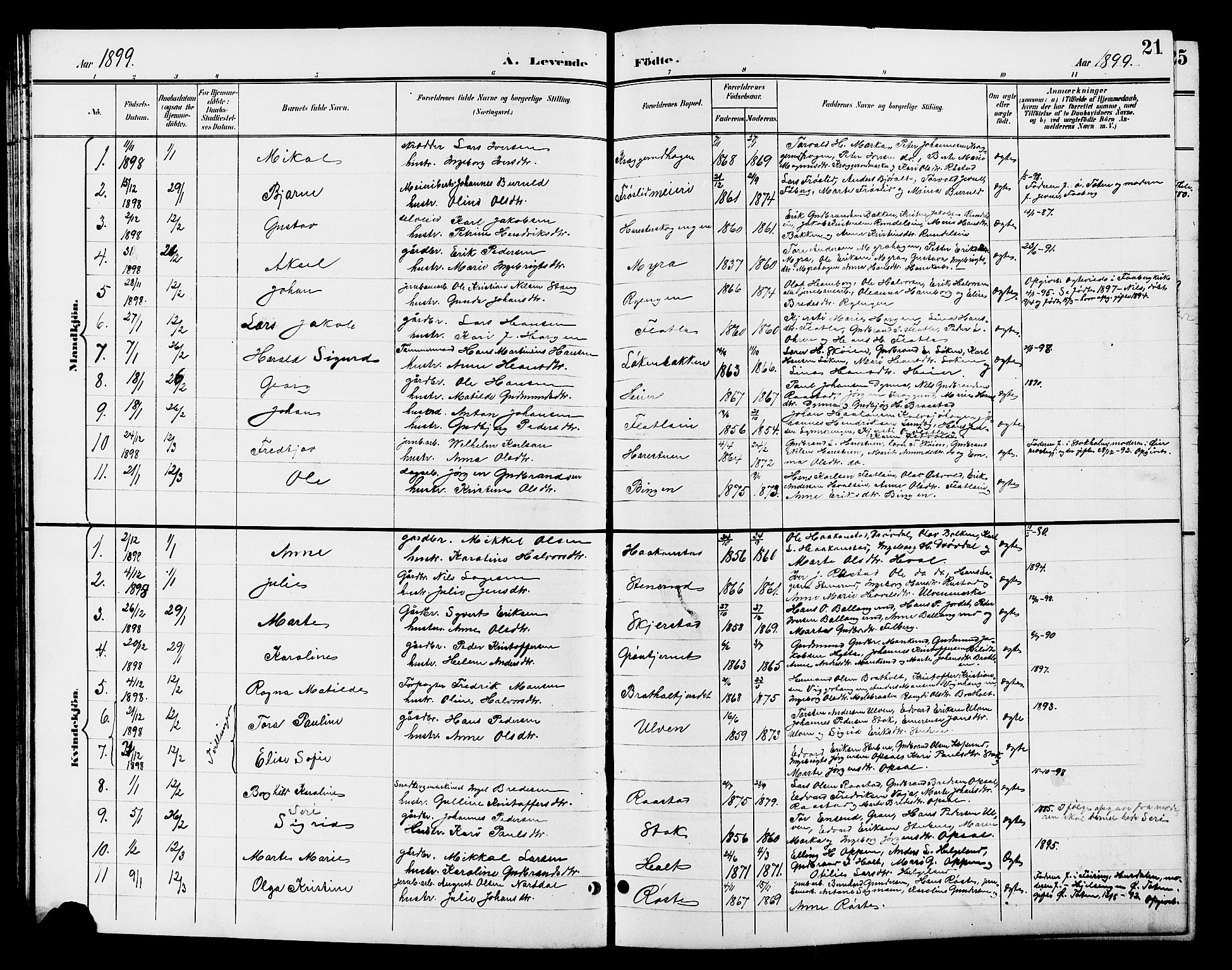 Jevnaker prestekontor, SAH/PREST-116/H/Ha/Hab/L0003: Parish register (copy) no. 3, 1896-1909, p. 21