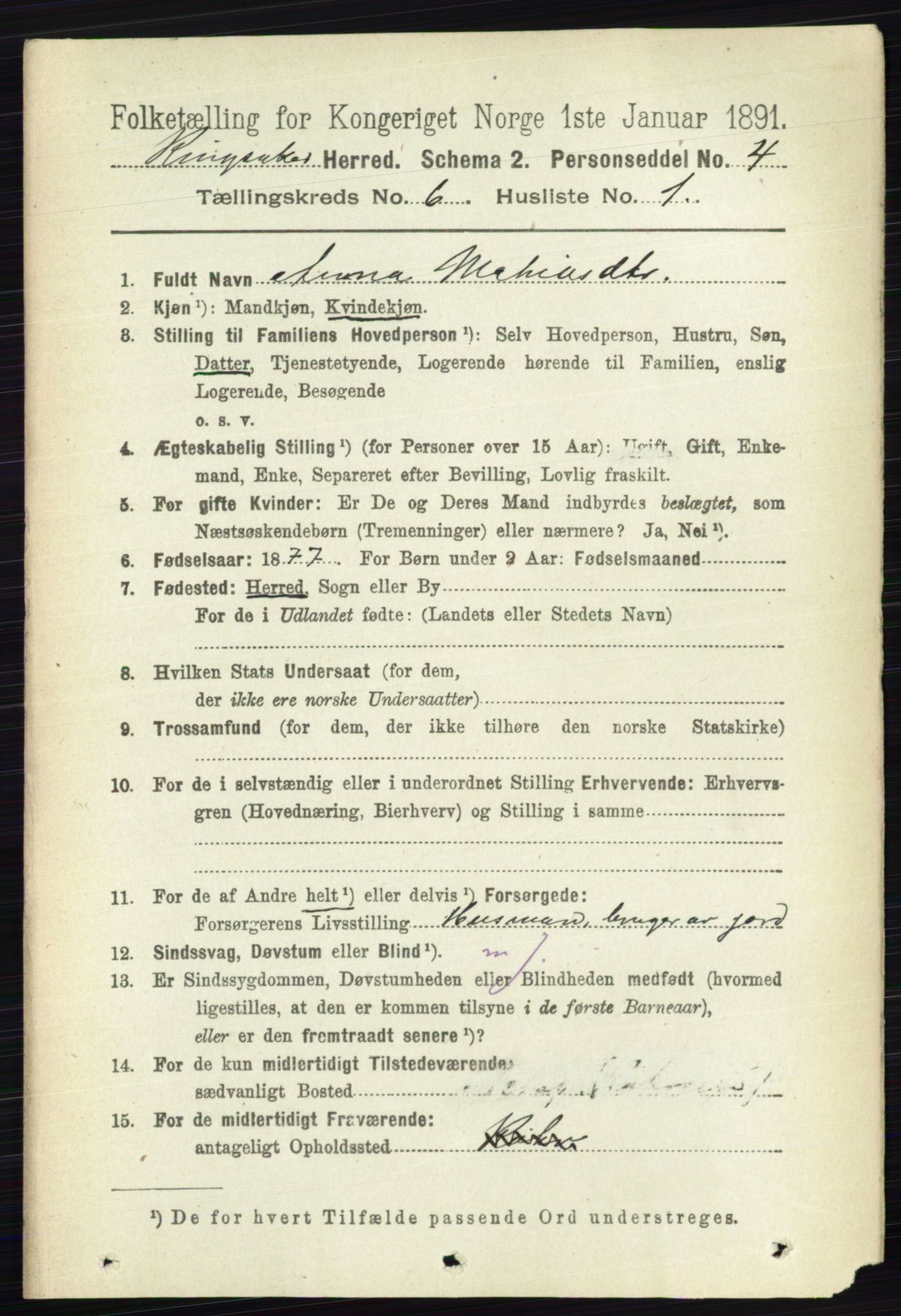 RA, 1891 census for 0412 Ringsaker, 1891, p. 3187