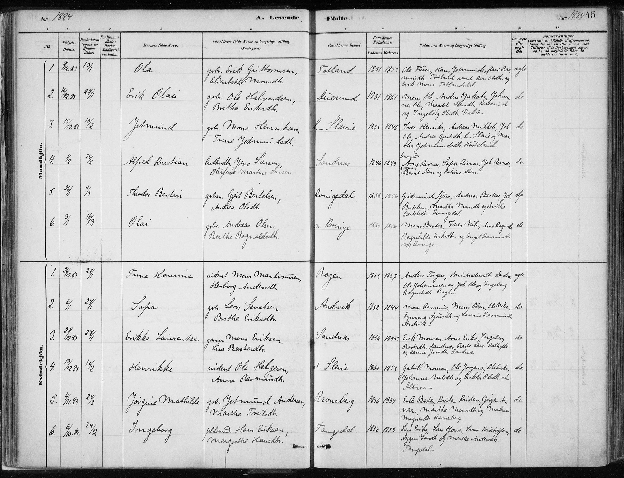 Masfjorden Sokneprestembete, SAB/A-77001: Parish register (official) no. B  1, 1876-1899, p. 45