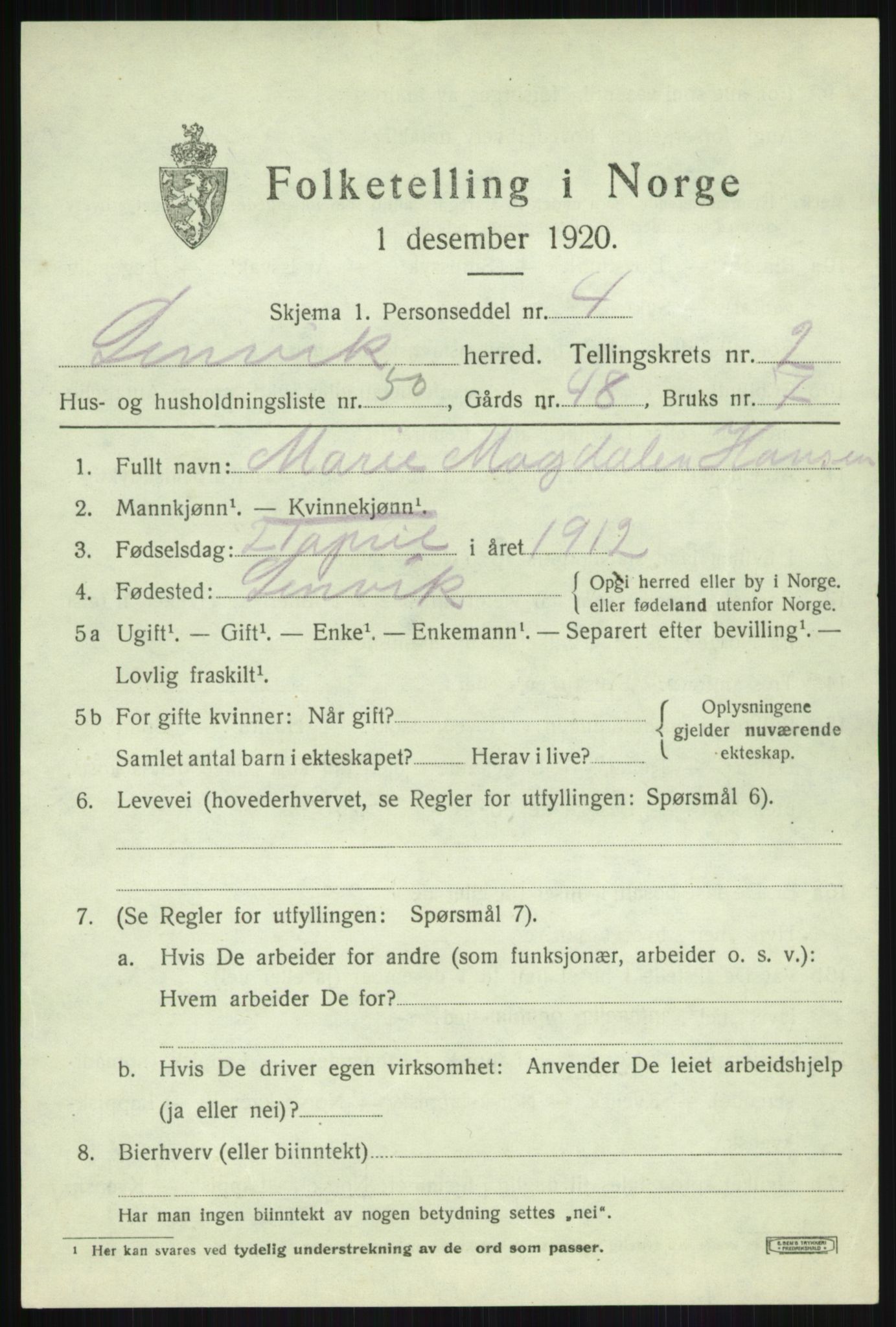 SATØ, 1920 census for Lenvik, 1920, p. 4646