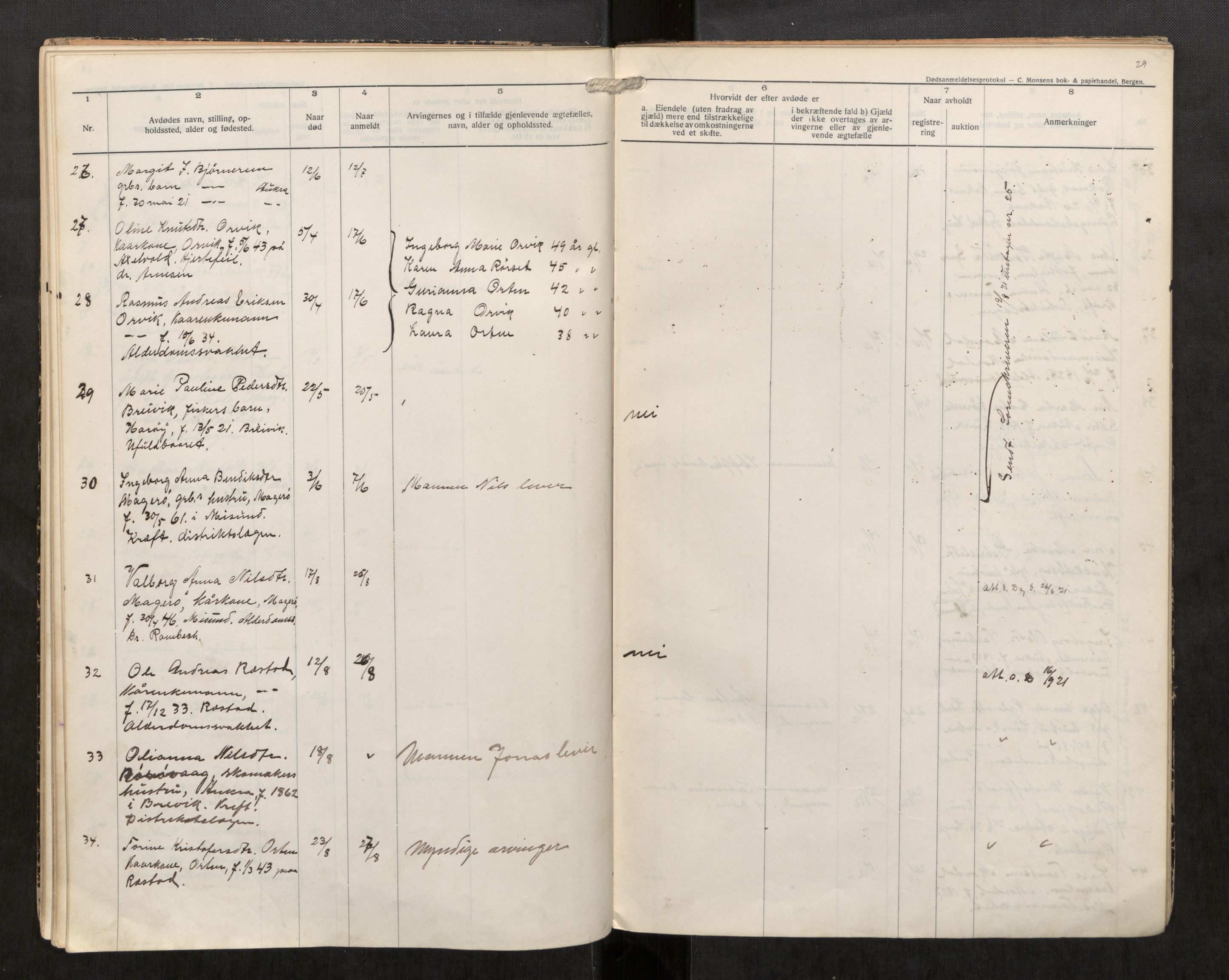 Sund lensmannskontor, AV/SAT-A-5663/02/Gh/L0001: Dødsfallsprotokoll, 1914-1926, p. 29