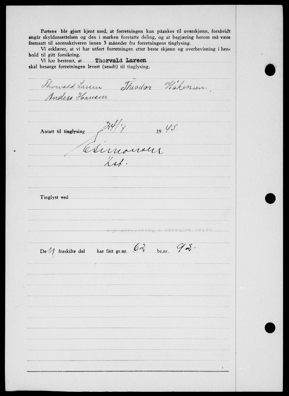 Onsøy sorenskriveri, SAO/A-10474/G/Ga/Gab/L0014: Mortgage book no. II A-14, 1944-1945, Diary no: : 1071/1945