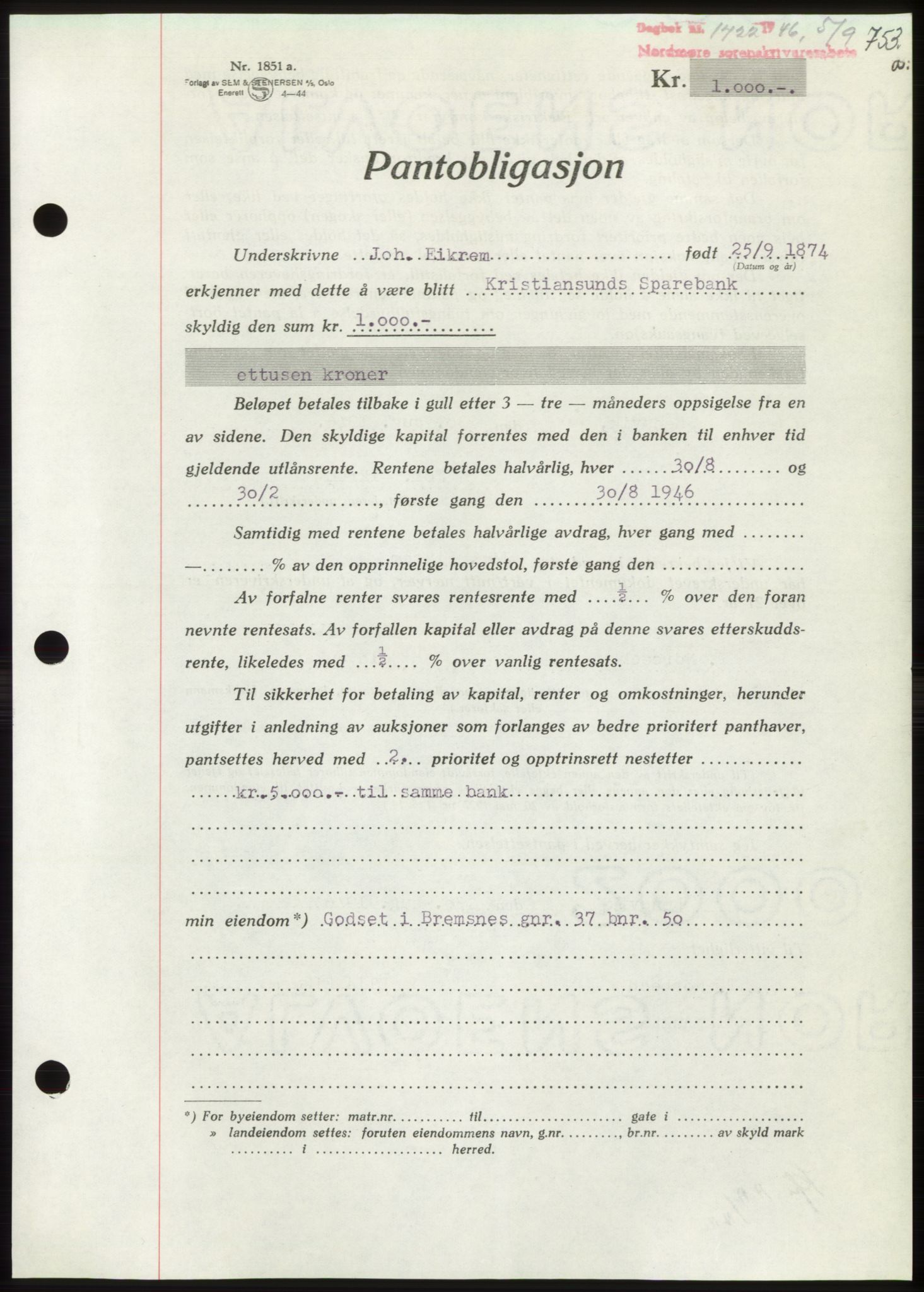 Nordmøre sorenskriveri, AV/SAT-A-4132/1/2/2Ca: Mortgage book no. B94, 1946-1946, Diary no: : 1722/1946