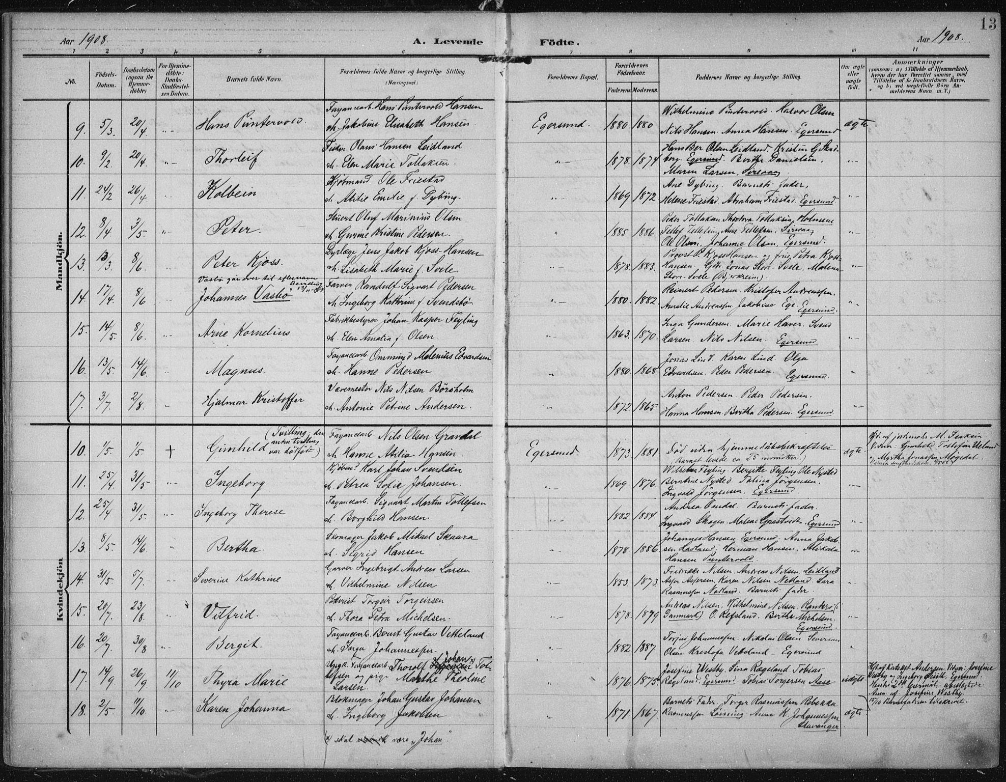 Eigersund sokneprestkontor, AV/SAST-A-101807/S08/L0022: Parish register (official) no. A 21, 1905-1928, p. 13