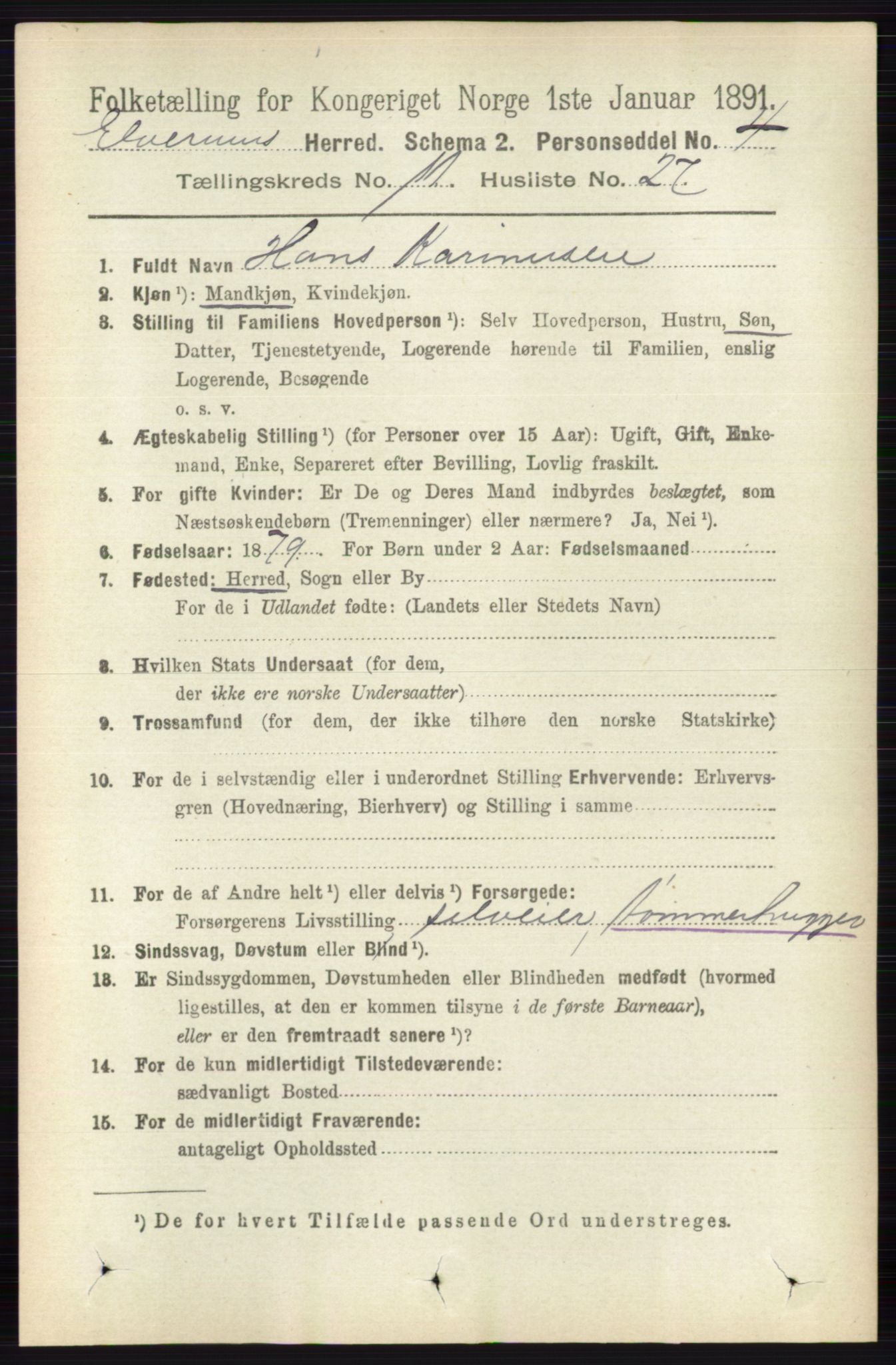 RA, 1891 census for 0427 Elverum, 1891, p. 9186