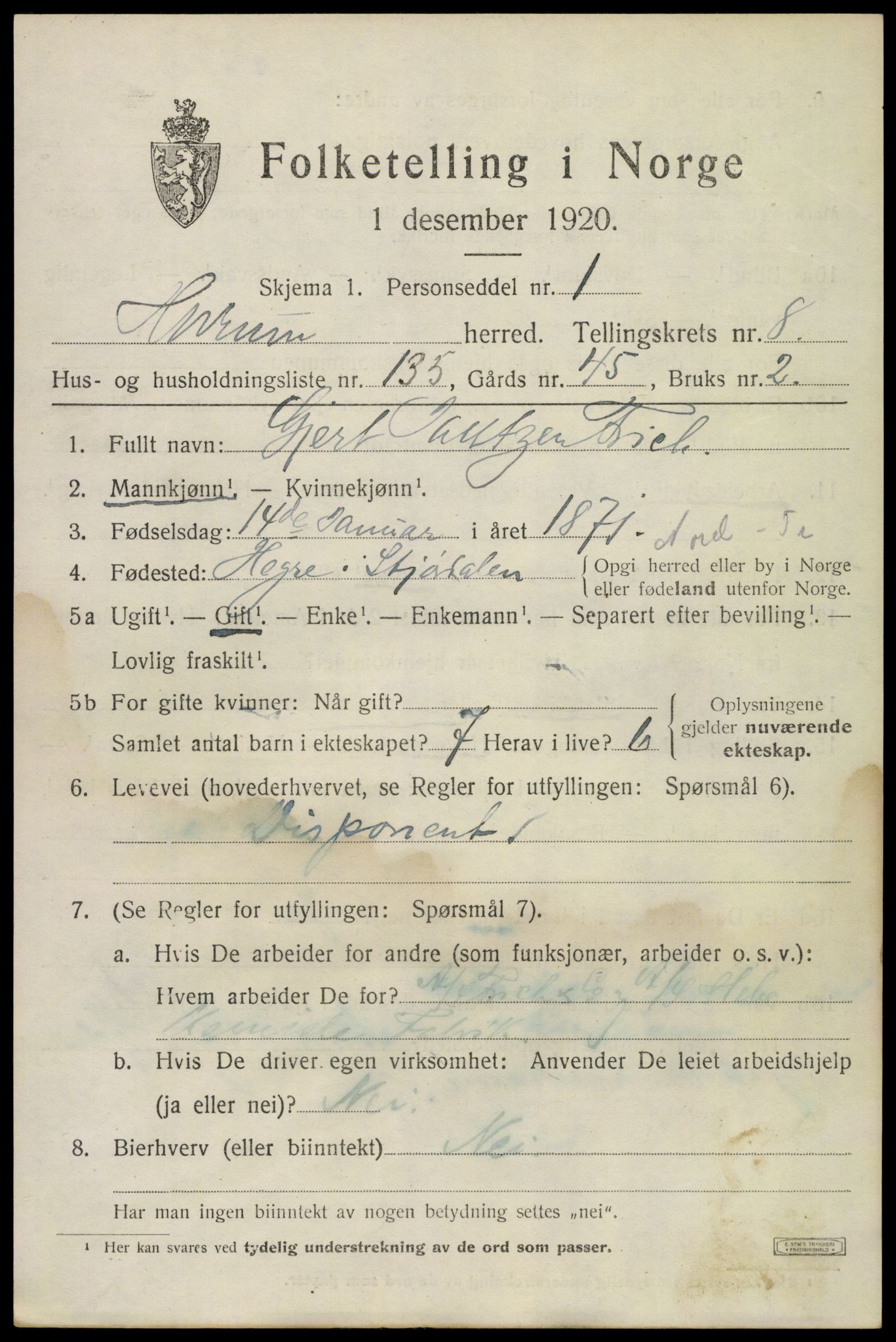 SAKO, 1920 census for Hurum, 1920, p. 11860
