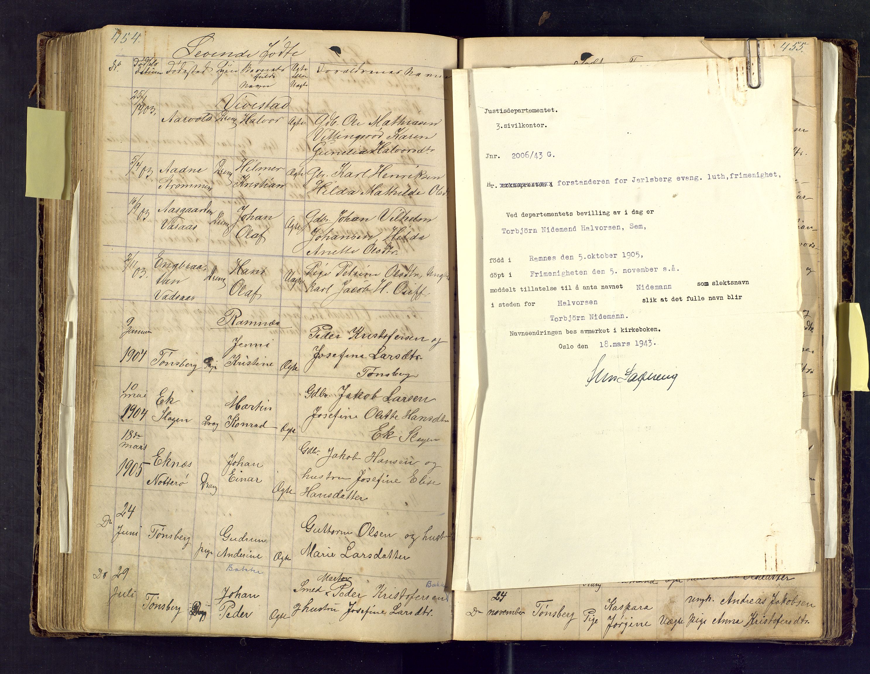 Den evangelisk lutherske frimenighet i Jarlsbergs grevskap med flere steder, SAKO/P-1384/F/Fa/L0001: Dissenter register no. Fa/L0001, 1872-1925, p. 454-455