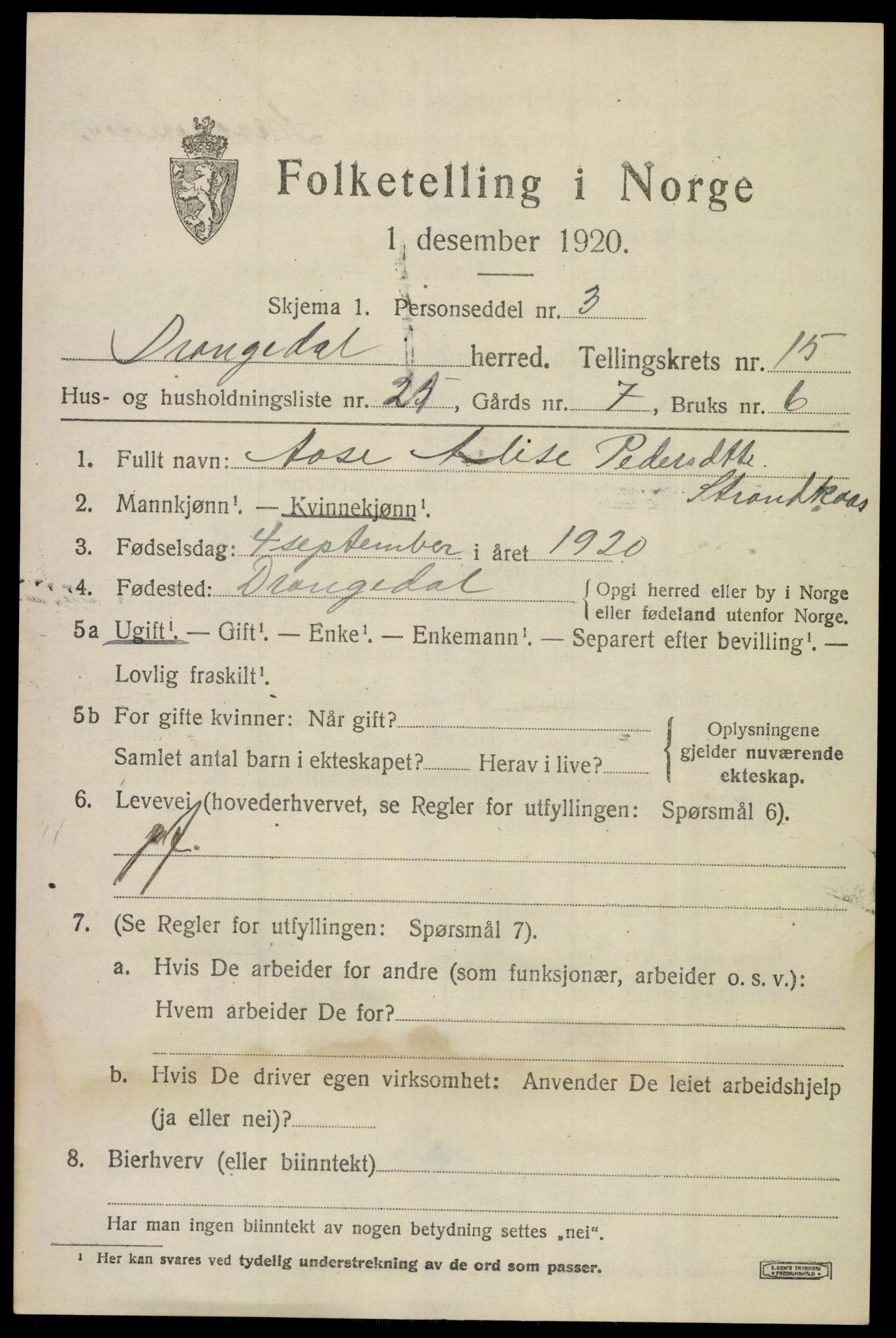 SAKO, 1920 census for Drangedal, 1920, p. 7791