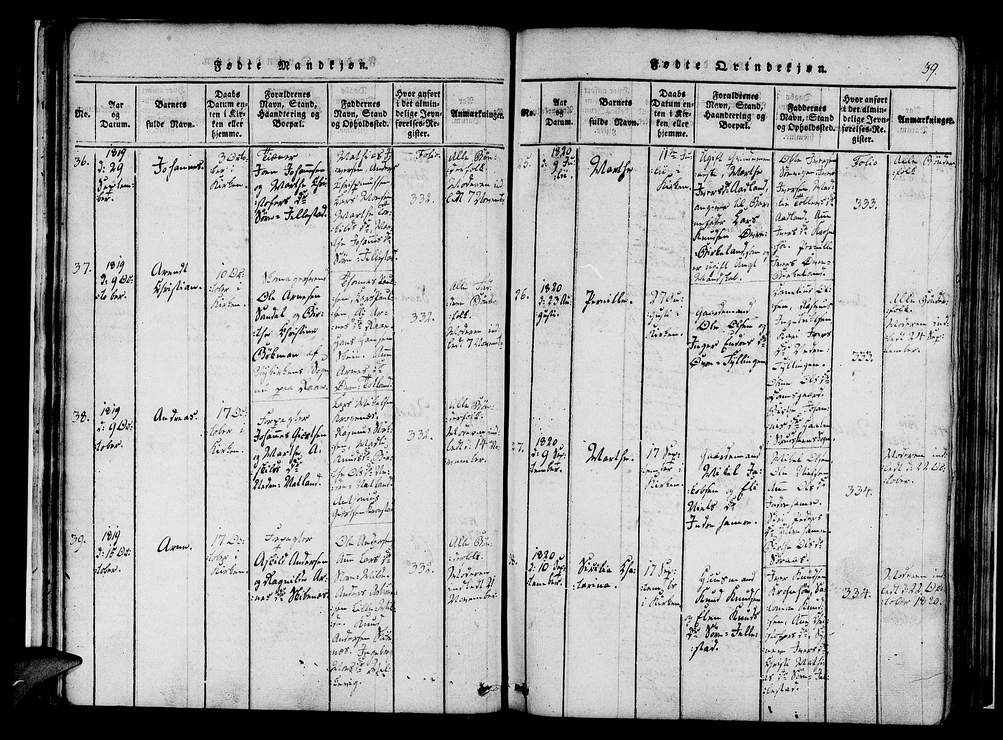 Fana Sokneprestembete, AV/SAB-A-75101/H/Haa/Haaa/L0007: Parish register (official) no. A 7, 1816-1828, p. 39